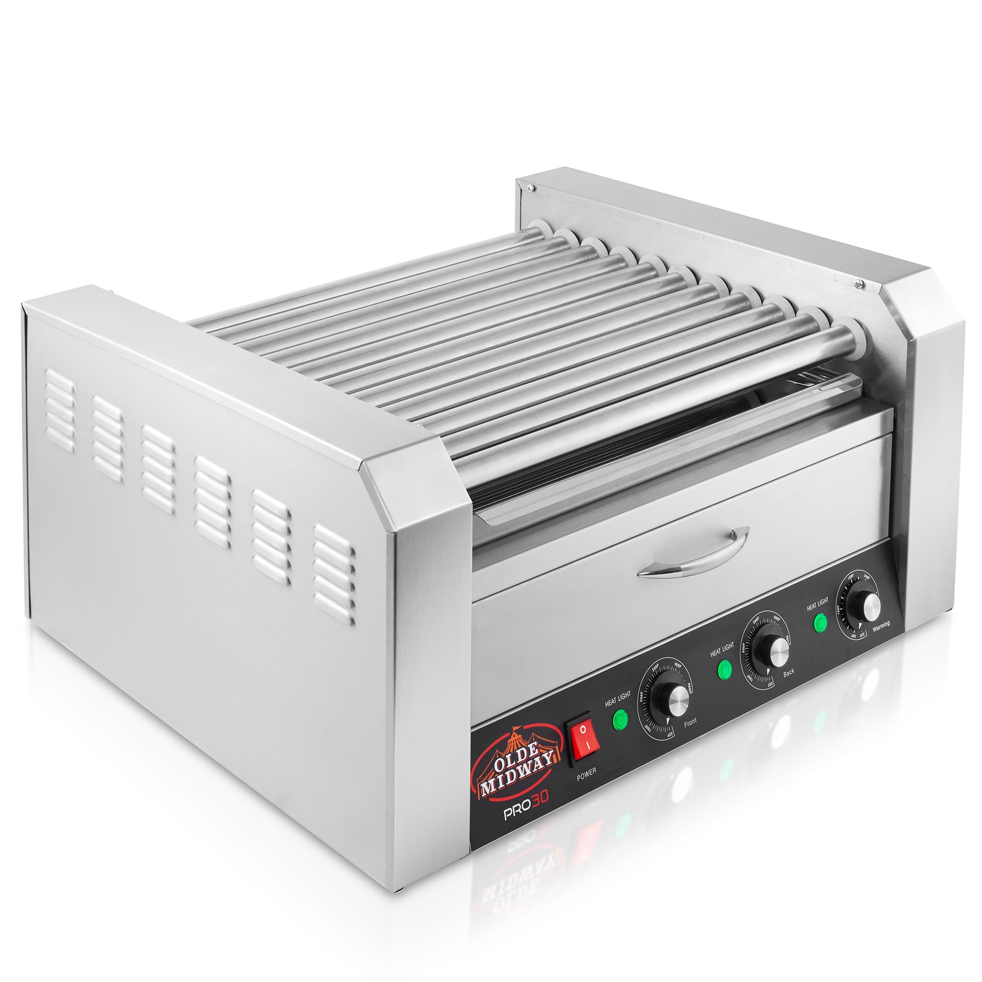 Olde Midway Electric 30 Hot Dog 11 Roller Grill Cooker Machine with Bun Warming Drawer - Commercial Grade, Stainless Steel