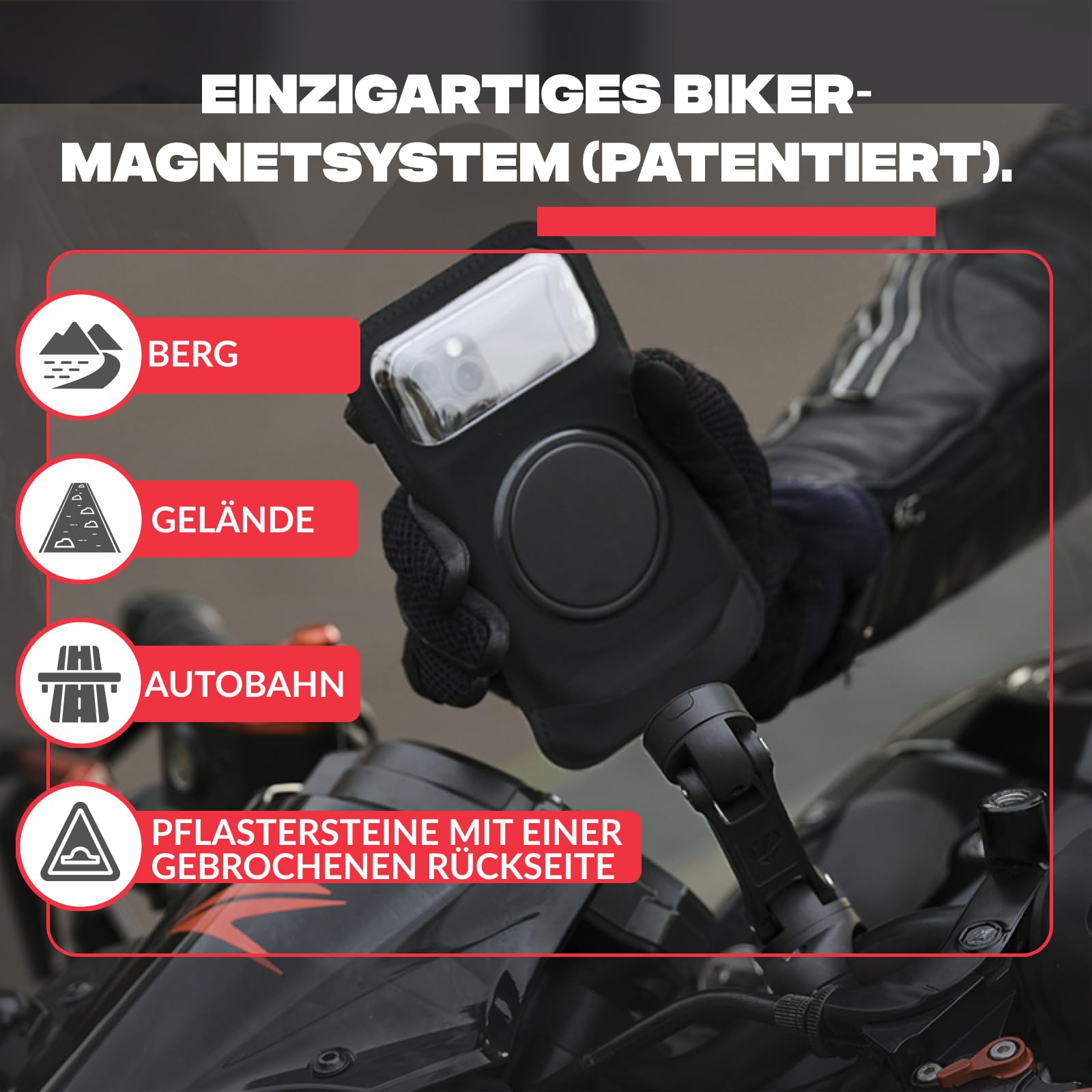 Shapeheart Motorrad-Handyhalterung PRO mit Abnehmbarer Hülle & Booster 360° | Für alle Handys | Schraubhalterung 22–32 mm | Weatherproof | 1-Hand-Bedienung | Dämpft Vibrationen | GPS, Roller, E-Scooter