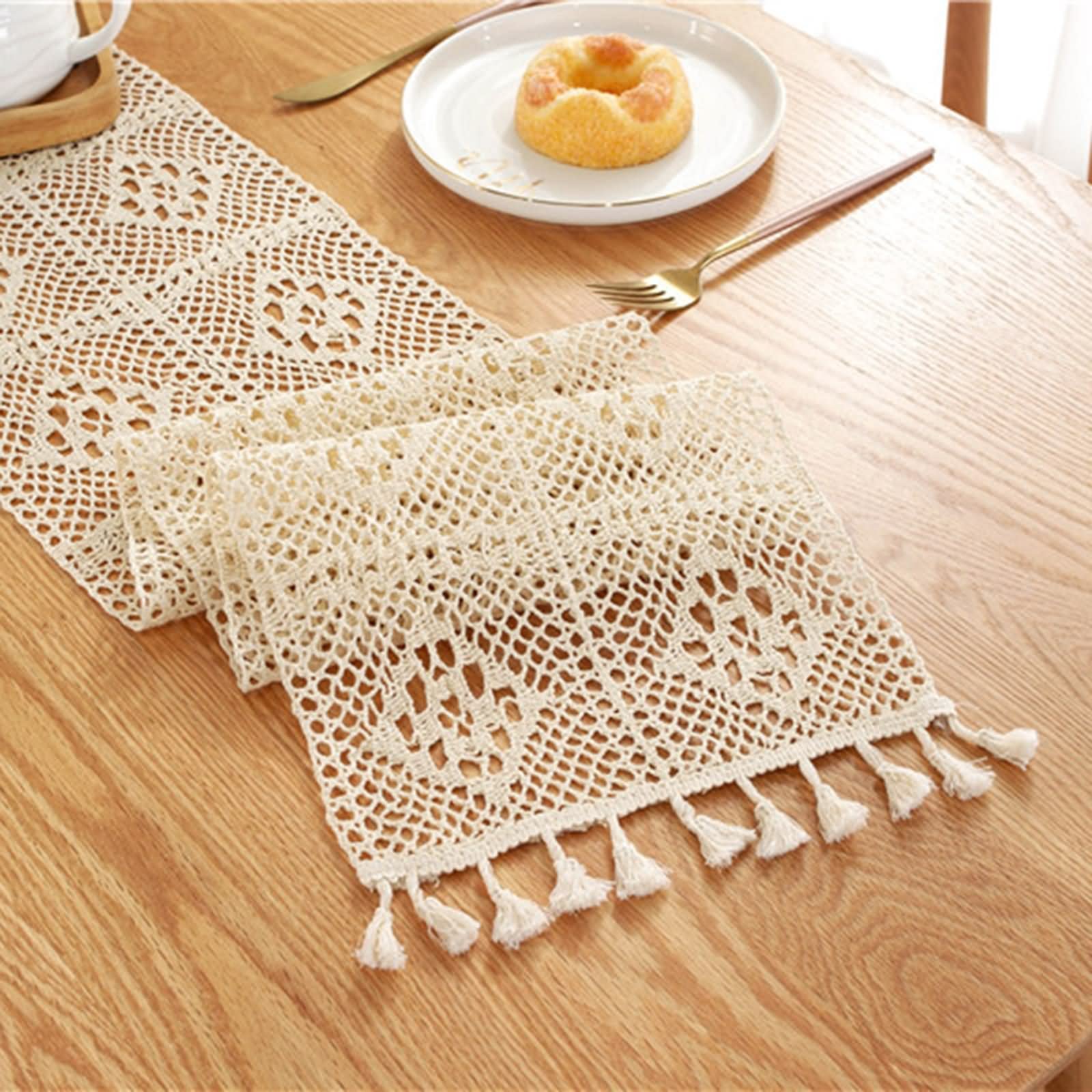 Camini da tavolo rustici, decorazione centrotavola, griglia cava beige cotone 24 x 350 cm, decorazione classica per sala da pranzo