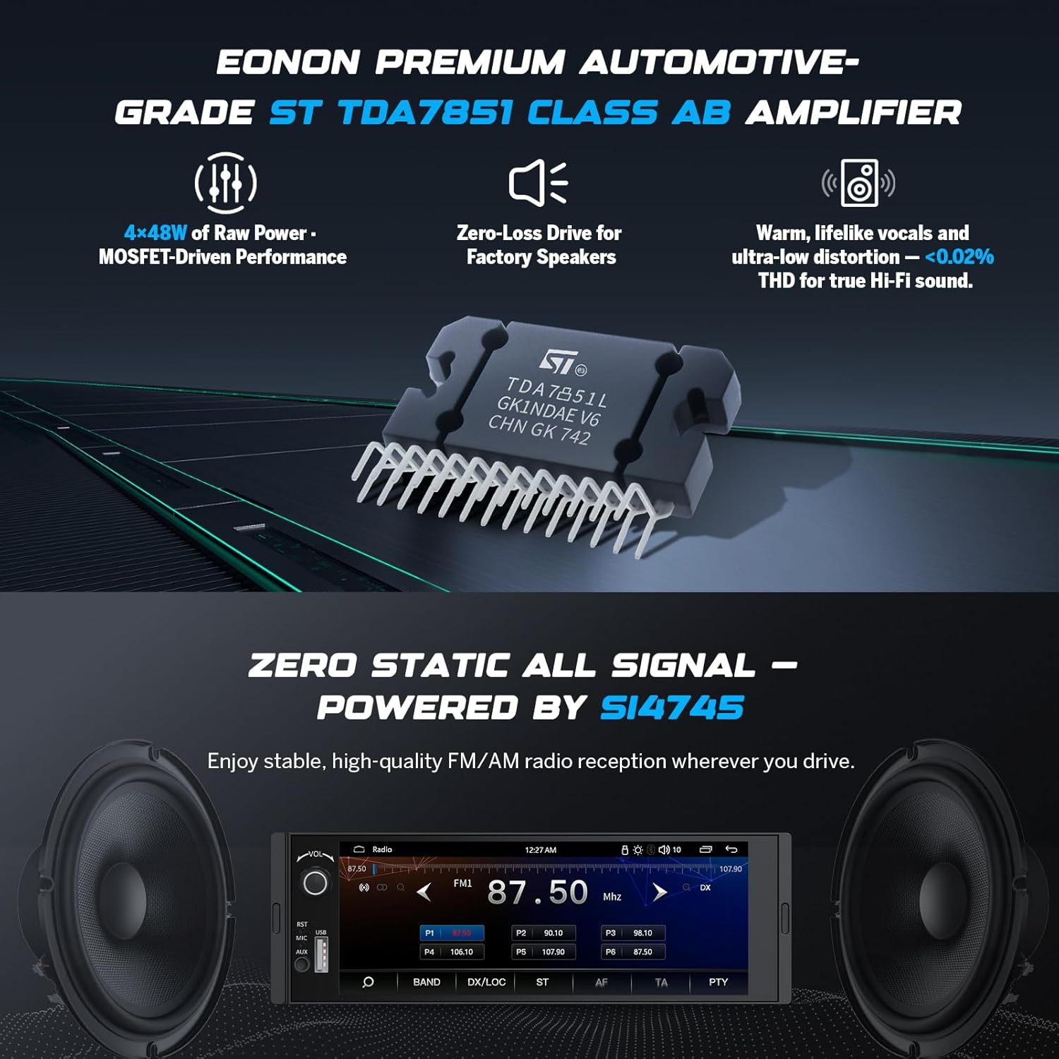 Eonon 6.36" Single DIN Car Stereo – Wireless CarPlay & Android Auto, IPS Touchscreen (1280x480), ST TDA7851 Amp, Backup Camera, Steering Control,Bluetooth 5.3-X3U