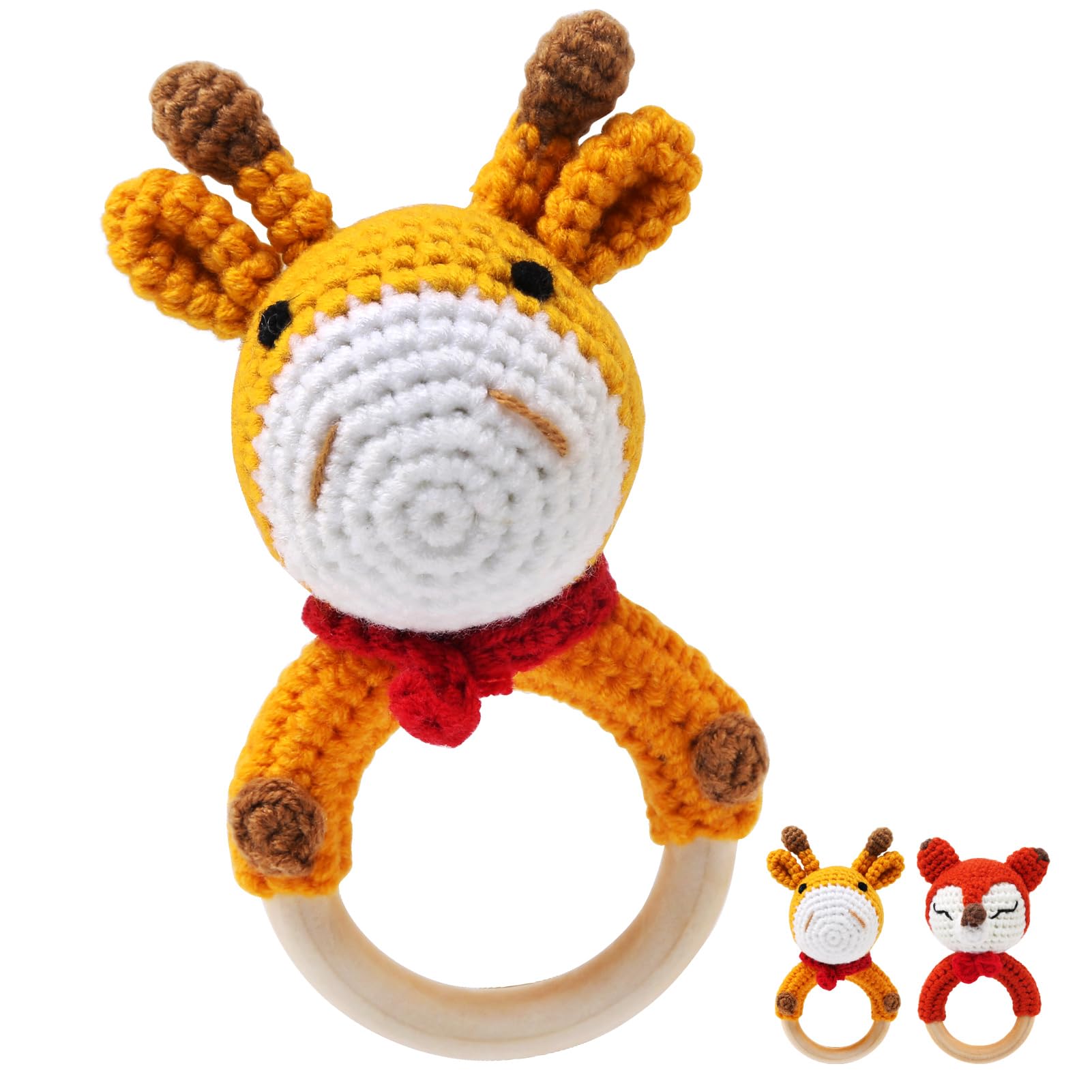 Joylife Wooden Baby Rattle with Teething Ring, Hand-Crocheted Deer Newborn Toy