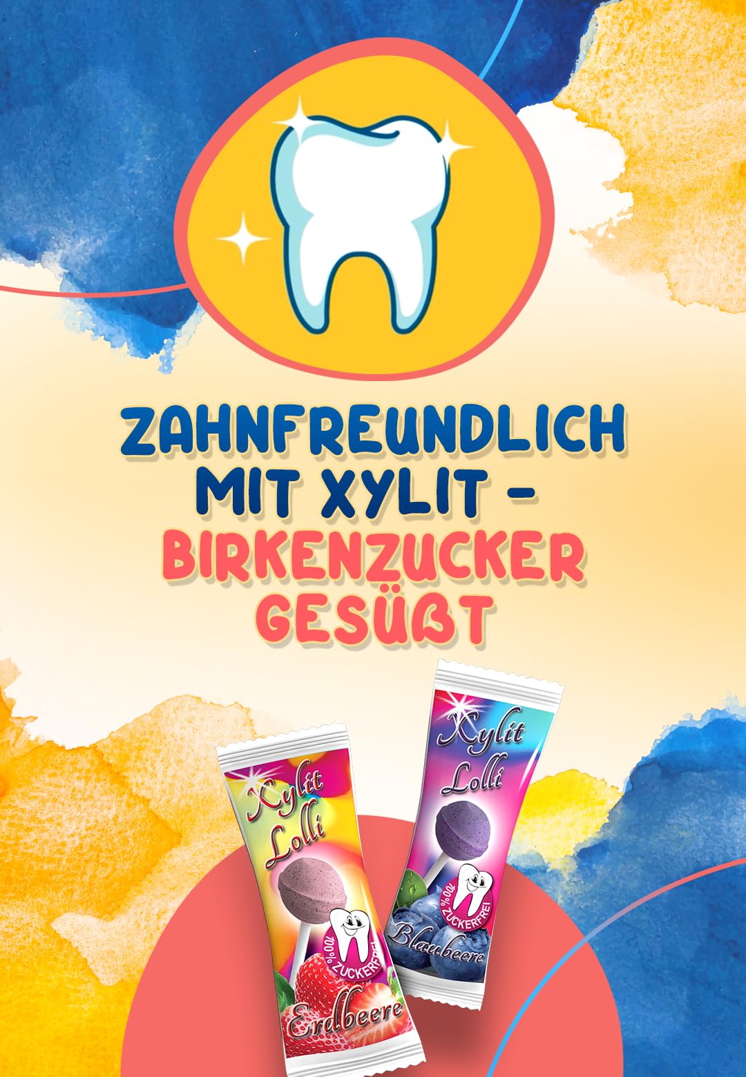 Xylit Lolli MIX Erdbeere & Blaubeere, 50 Stk x 6g - Keine Chance für Karies | Zahnfreundliche, kalorienreduzierte, zuckerfreie & vegane Lollipop mit Xylit, Erdbeere & Blaubeere für Groß & Klein