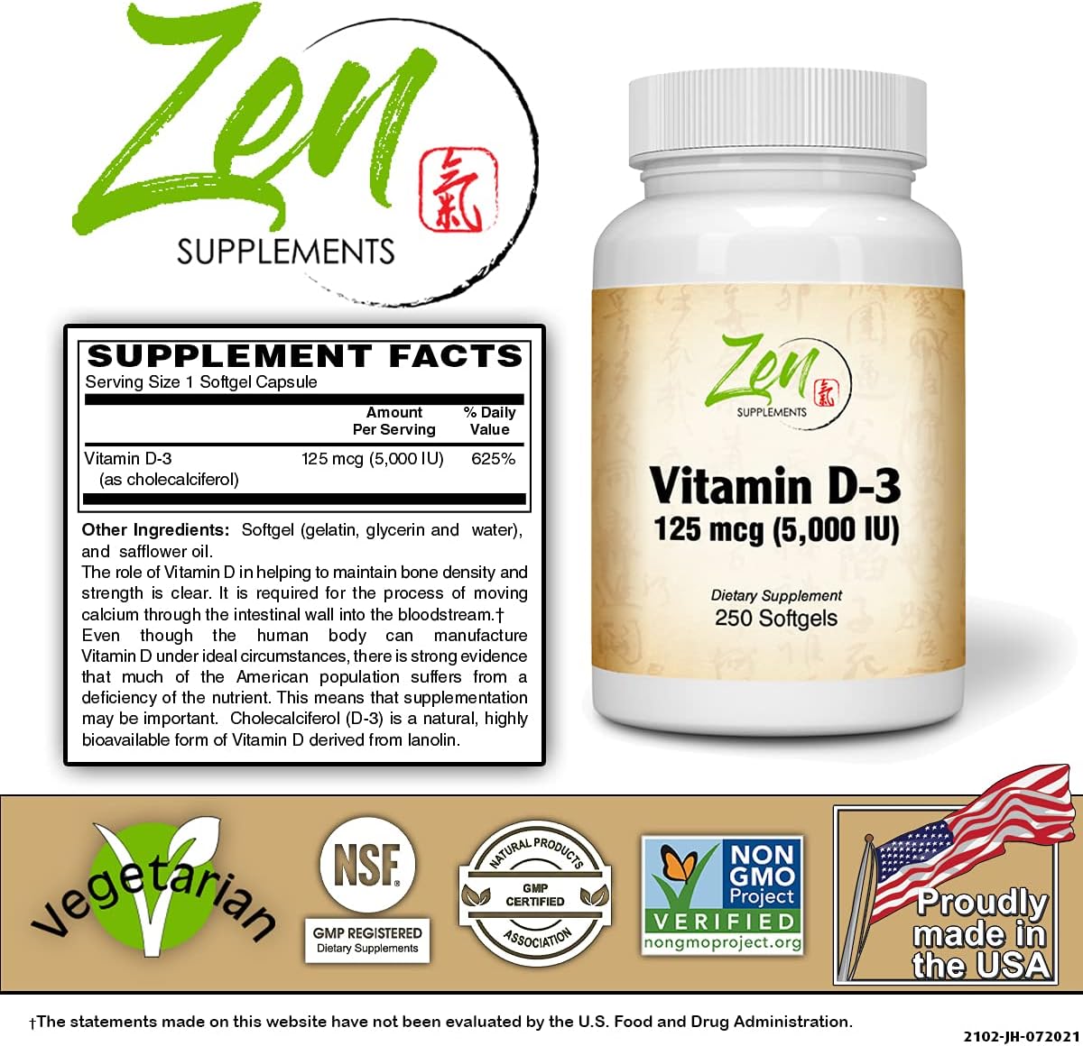 Zen Supplements - Vitamin D-3 5000 IU 250-Softgel - Supports Healthy Muscle Function, Bone Health & Immune Support : Health & Household