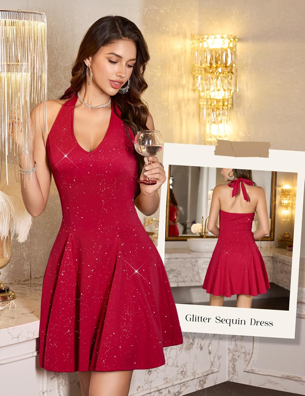 HomRain Glitter Sparkle V Neck Cocktail Dress for Women 2025 A Line Backless Halter Sequin Homecoming Evening Party Dresses - Image 2