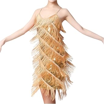 fartey Womens Fringe Dress Spaghetti Strap Sleeveless Tassel Sling Dress Sexy V Neck Backless Cocktail Party Mini Dress