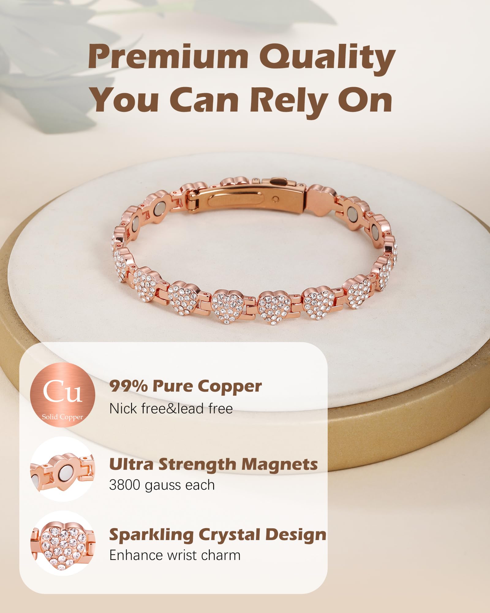 Jeracol Bracelet 99 % cuivre pour femme, bracelet en cuivre avec aimants et cristaux brillants, cadeau bijoux (or rose)