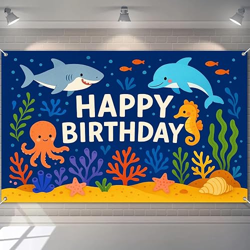 BlissYard Ocean Sea Creature Birthday Banner 71x43 Inch Polyester