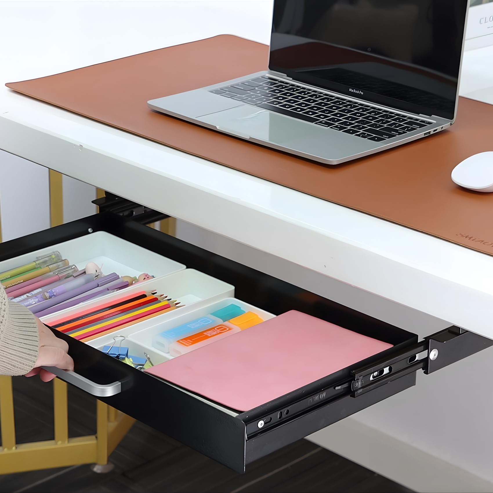 Organizer per cassetti sotto la scrivania, 54 cm, con 4 divisori in plastica, cassetto scorrevole estraibile, per casa, ufficio, tavolo da lavoro, accessori da scrivania, nero