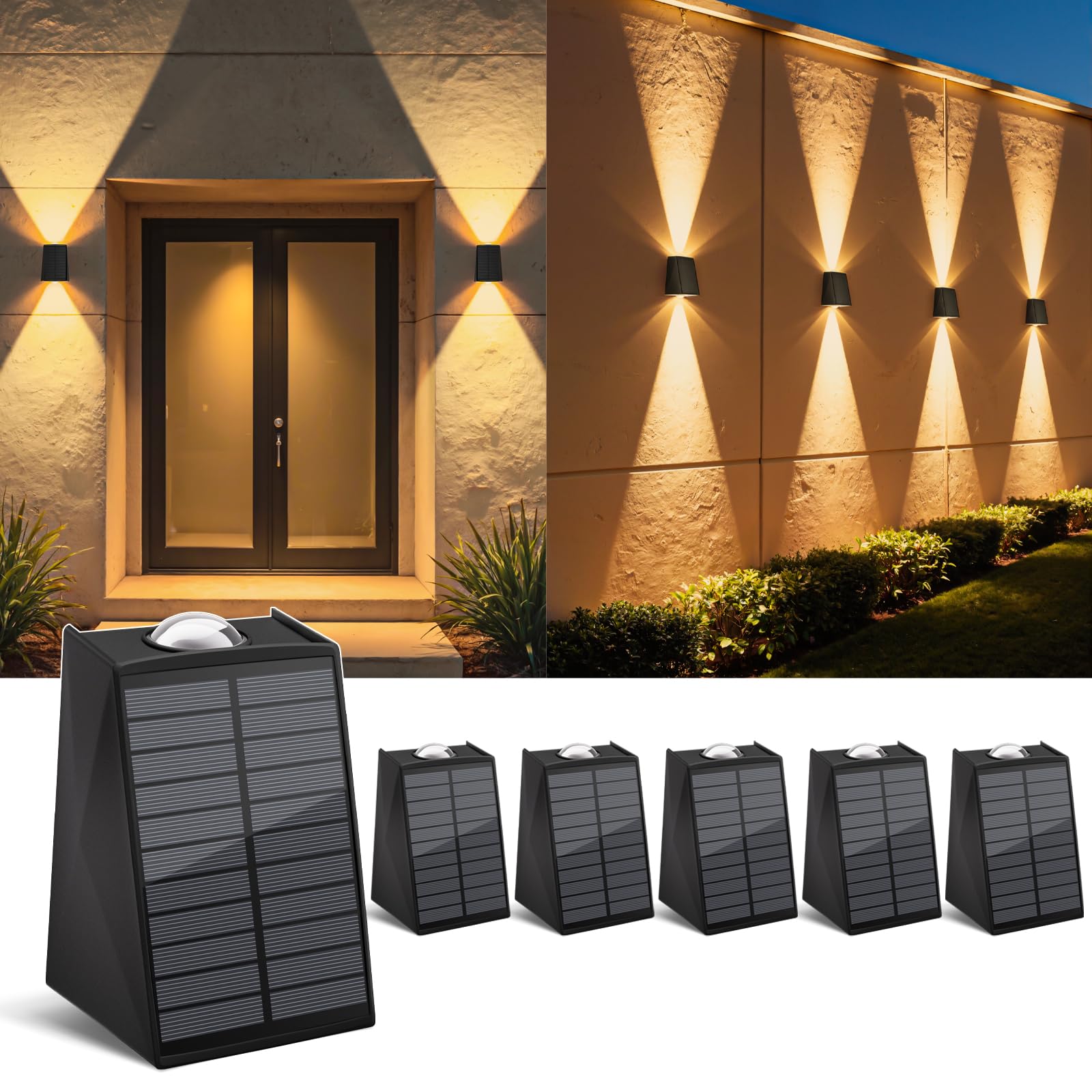Solar-Außenwandleuchten nach oben und unten, IP65 wasserdichte LED-Außen-Sicherheits- und Dekorationsbeleuchtung für Haus, Garage, Terrasse, Hof, Garten, Veranda (Warmweiß), 6 Stück