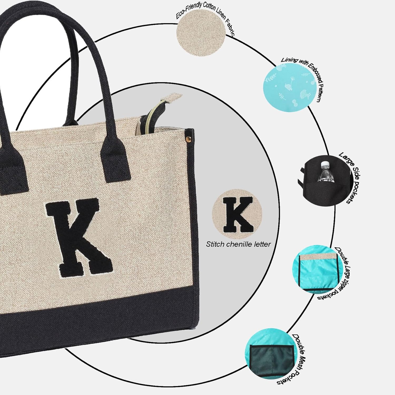 ESVAN Personalized Gifts Canvas Tote Linen Bags Handbags Top Zipper Closure Initial Retro Utility Tote - Image 3