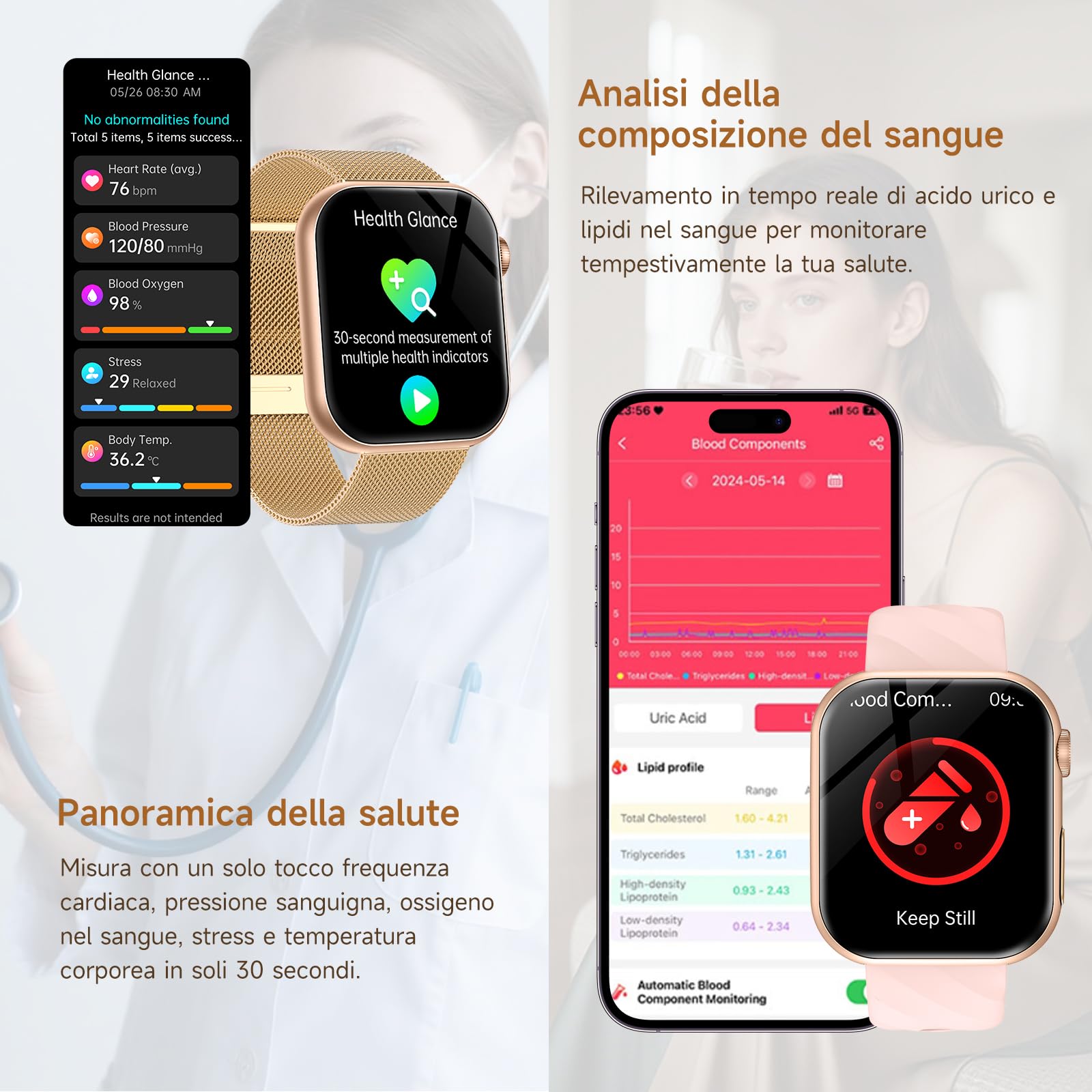 2026 Smartwatch Donna con ECG/𝐆li𝐜𝐞m𝐢a/Acido Urico/HRV/Sonno/Apnea Notturna/BMI/Temperatura Corporea/Cardiofrequenzimetro,1,97"AMOLED Pressione Sanguigna Orologio Fitness con Chiamate,Pulsante SOS