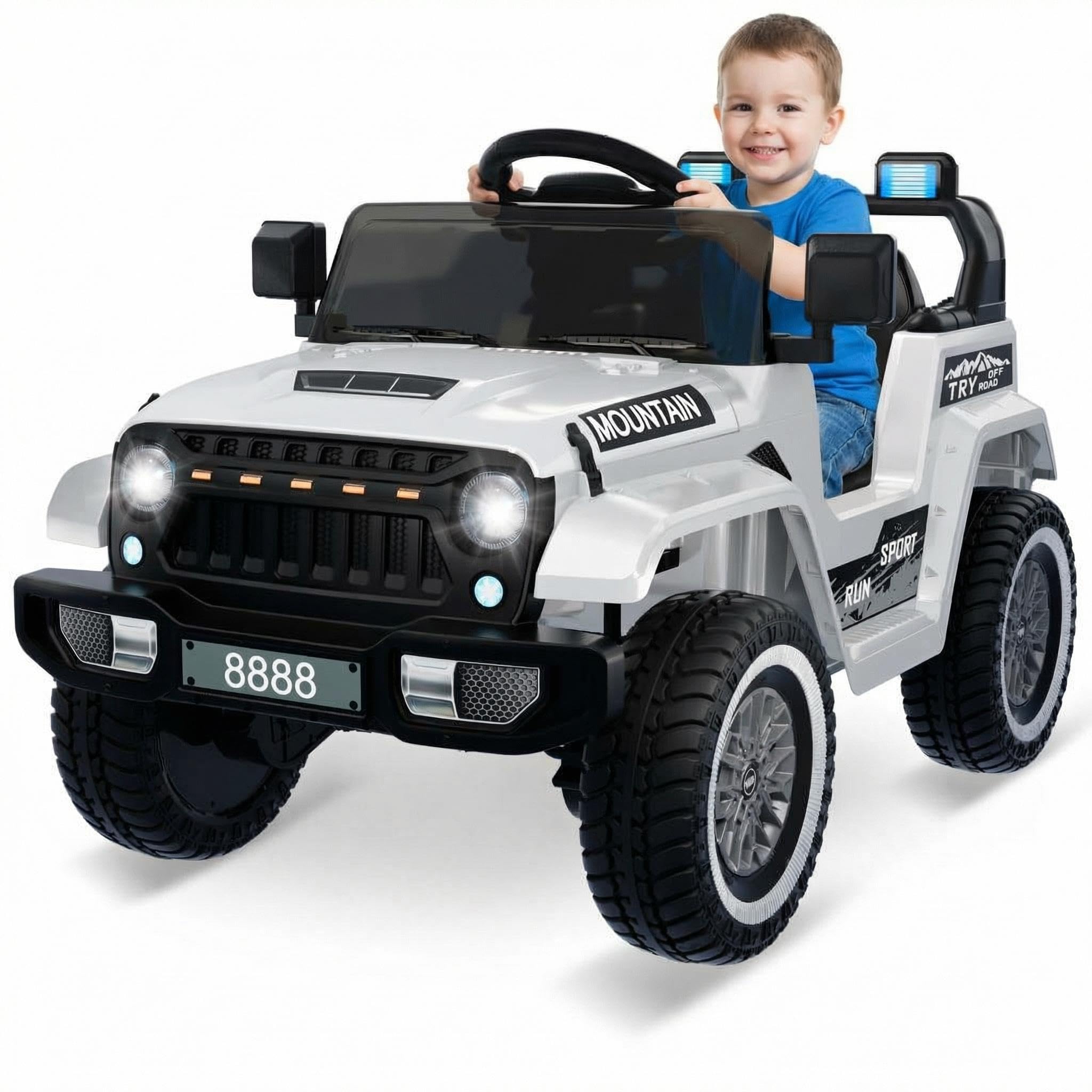 GarveeTech 12V Kinder Elektroauto mit Fernbedienung – LED-Lichter, Musik, kabellos, Hupe, 3 Geschwindigkeiten, Sicherheitsgurt – elektrisches Kinderfahrzeug für Jungen & Mädchen 3-8 Jahre – Weiß
