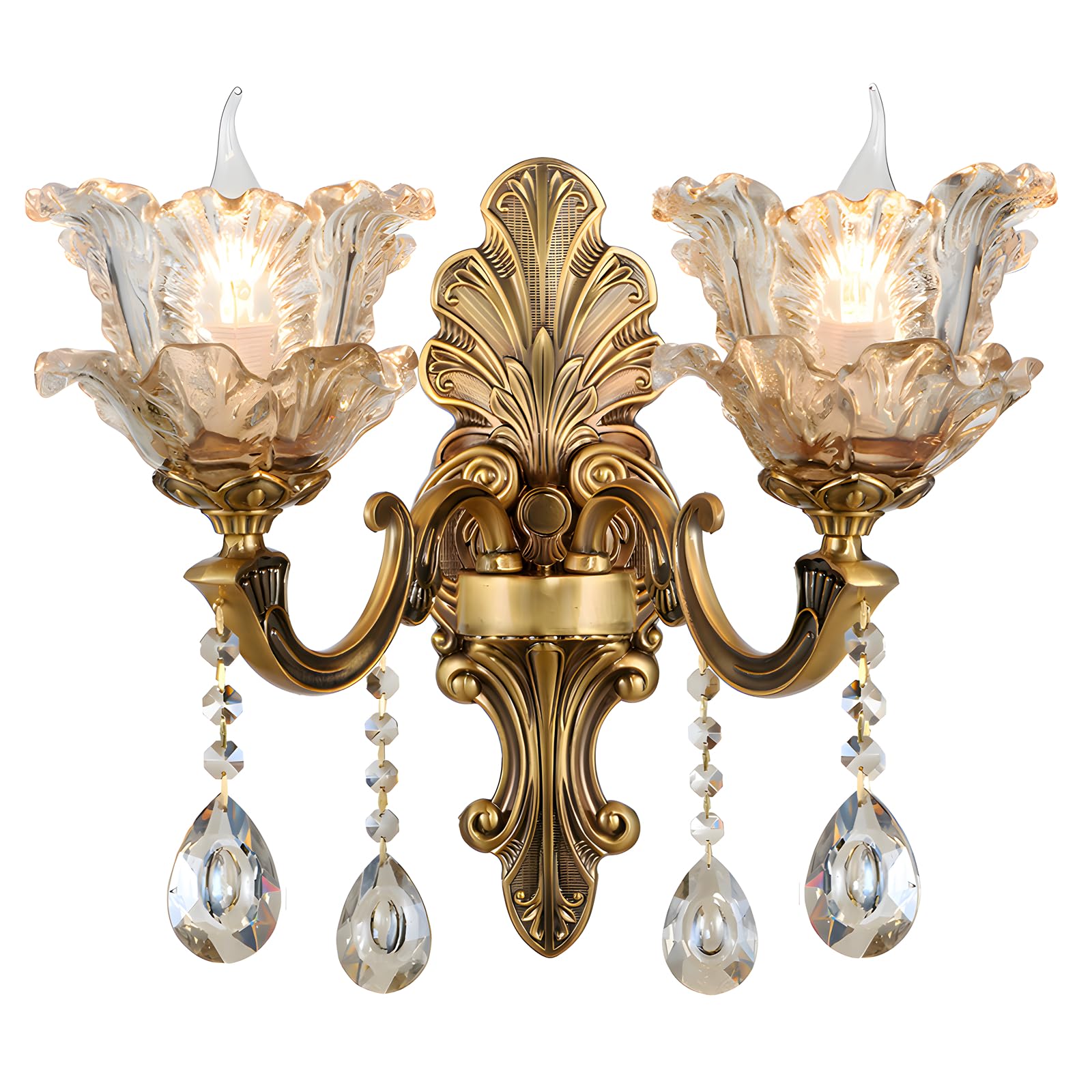 Vintage Floral Wall Mount Lamp 2 Head Crystal Glass Shade Wall Sconce Light Retro Golden Bronze Color Decoration Metal Wall Lamp, Bedside Living Room Restaurant Stairs Hotel Bars (E14 Base, No Bulb)