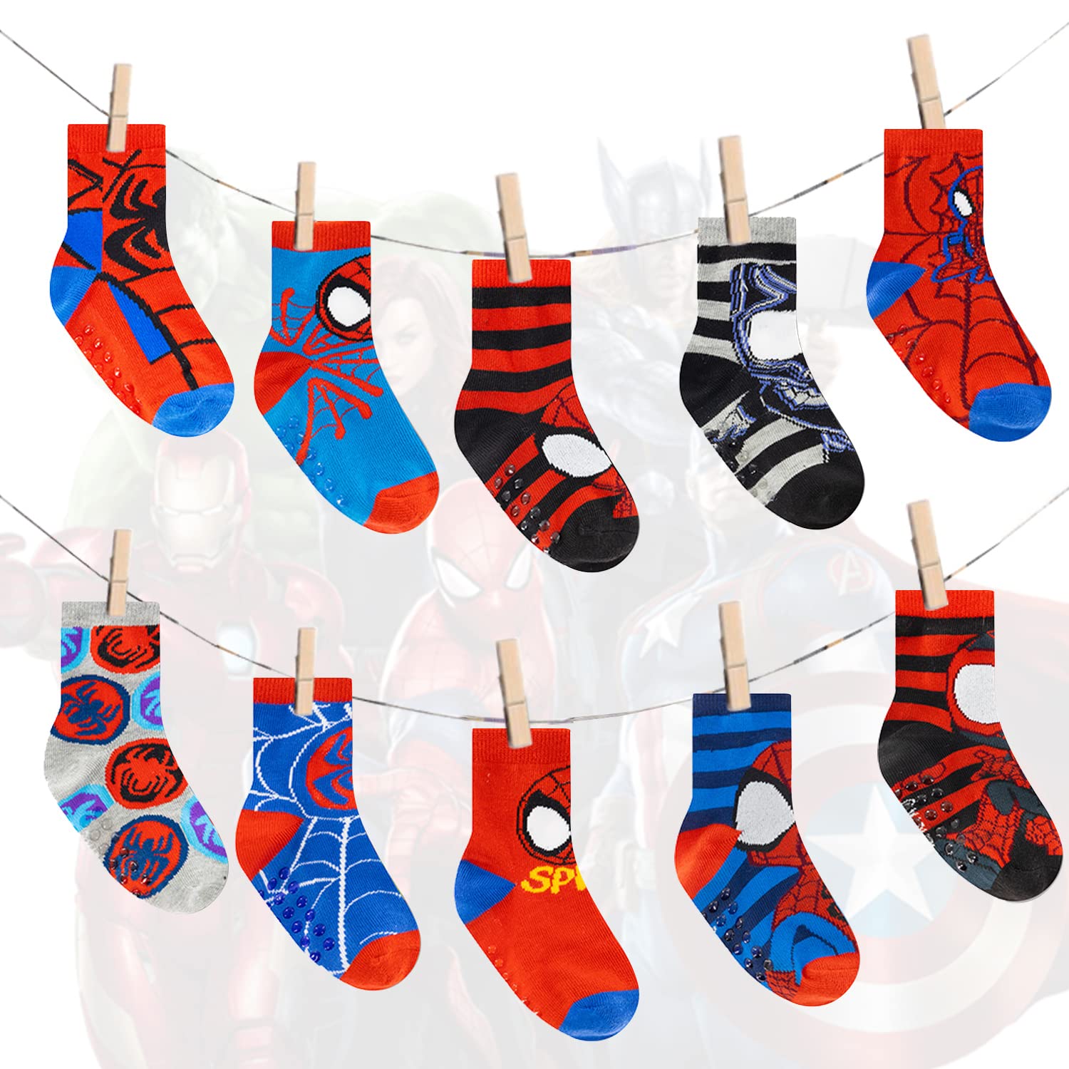 Spiderman Grip, skarpety dla małych chłopców, 10 sztuk, pająk man, maluch chwytak, niesamowity zestaw różnorodności Spiderman, różne