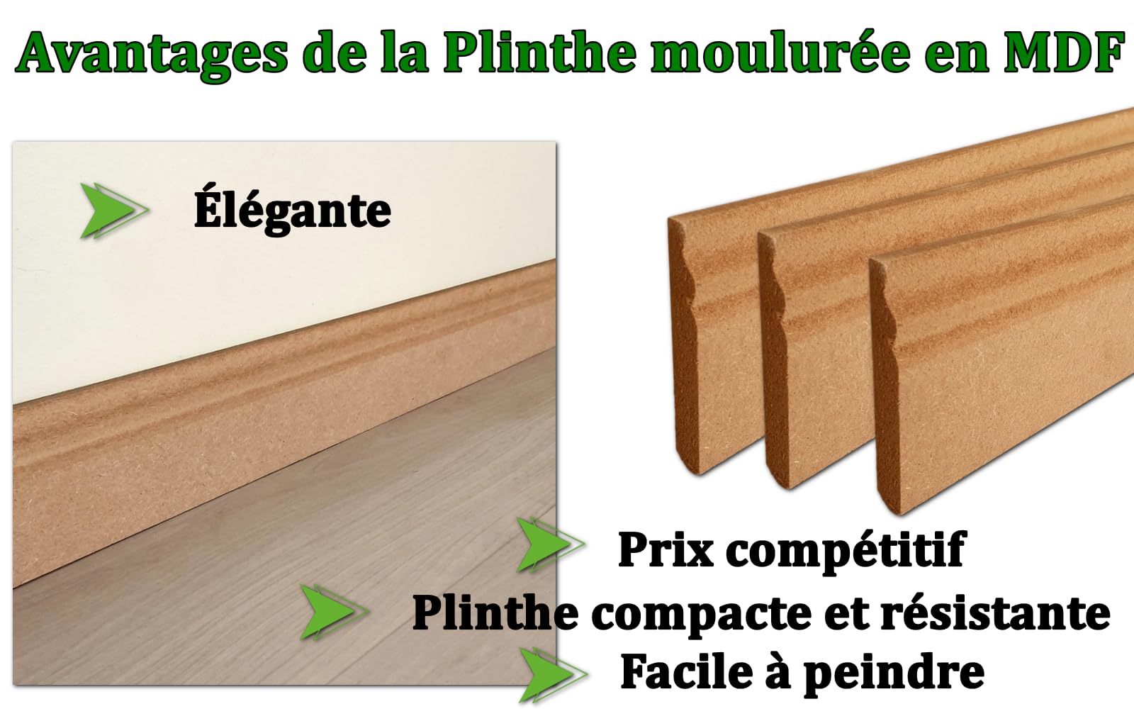 MadeInNature Battiscopa modellata per dipingere, in legno MDF naturale, battiscopa per modanatura stile Luigi XV, altezza 10.8 cm, fabbricazione francese, lunghezza a scelta (naturale, 20 metri)
