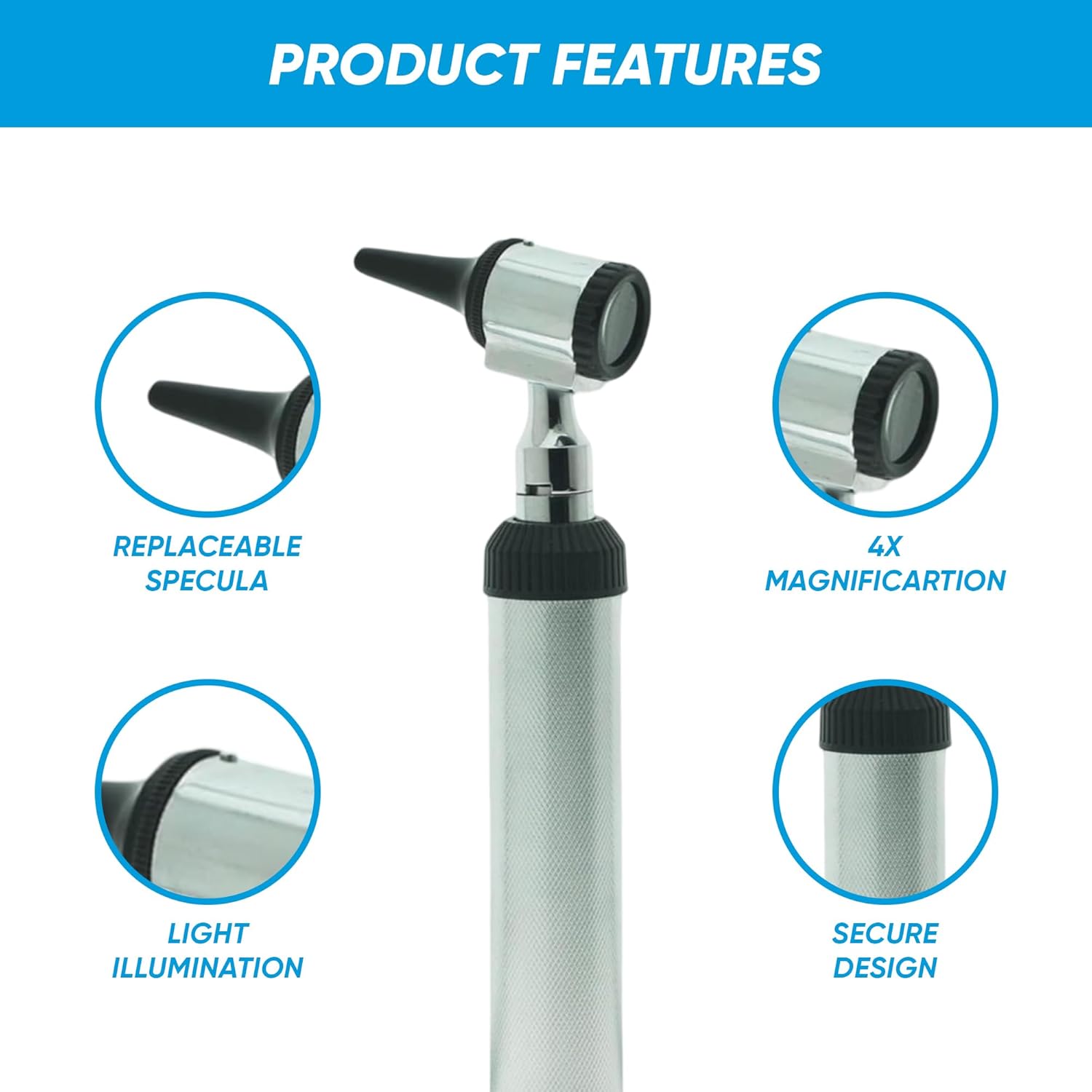 YNR Portable Otoscope with LED Light for Diagnostic Examination with 4X Magnification - Pocket Ear Scope with Rheostat Switch & Vegan Leather Case, Includes Sanitizable Specula & 3.0V LED Bulb