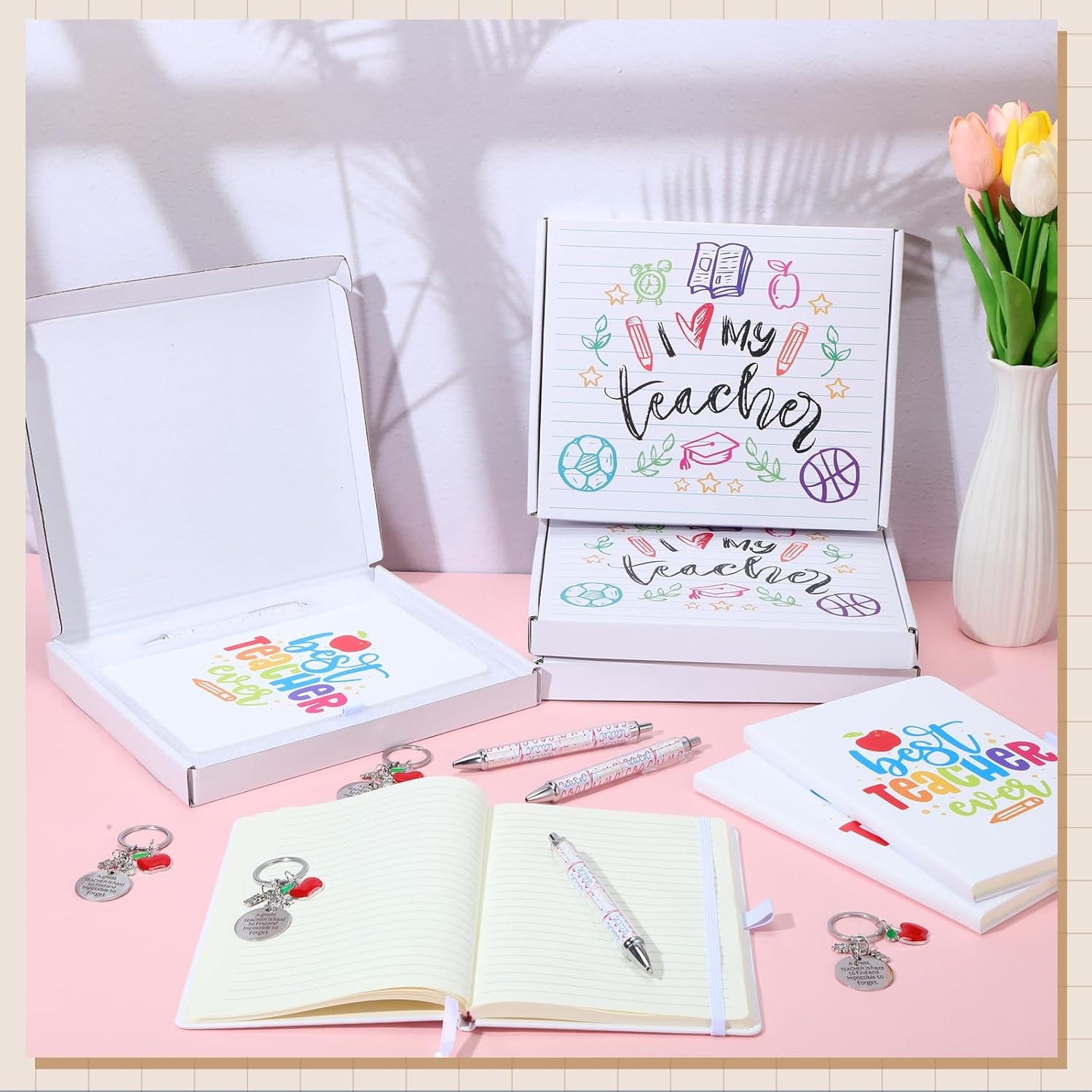 Tellingyou 12 Pcs Teacher Appreciation Gifts Bulk 4 Inspirational Ballpoint Pens 4 PU Leather Notebooks 4 Teacher Apple Keychain Thank You Gifts (Colorful)