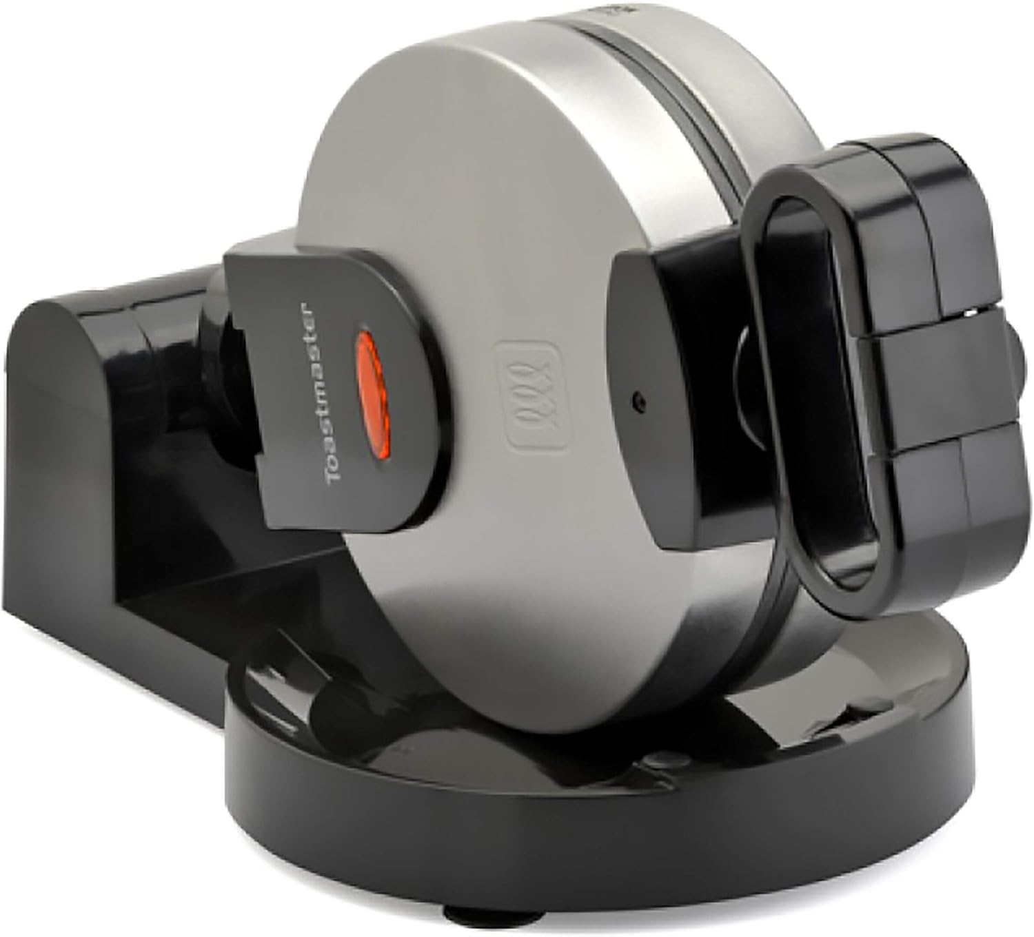 Toastmaster Round Rotating Waffle Maker open with a cooked waffle inside