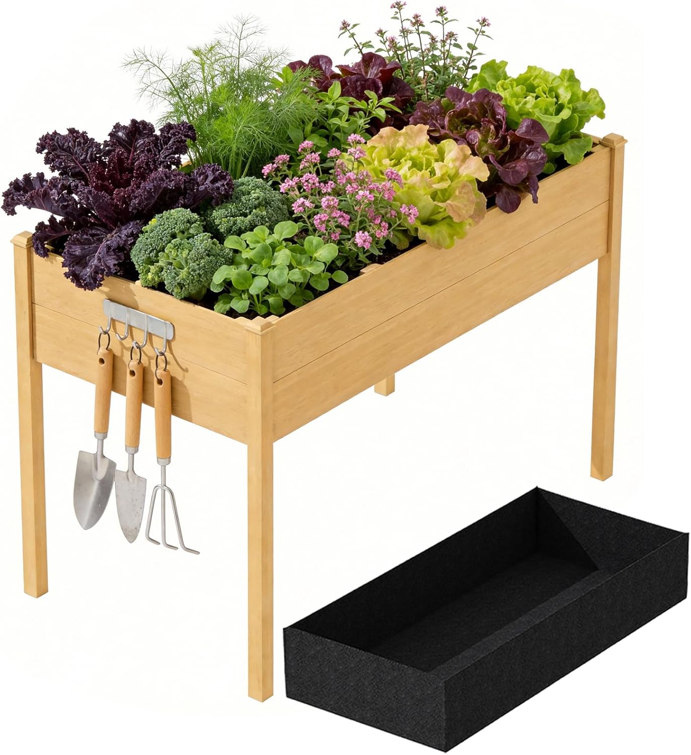 Acenova Raised Garden Bed Outdoor, 48 x 24 x 30 Inch Elevated Wooden Garden Bed with Legs and Liner, Raised Beds for Gardening with Grow Bag and Tool Hook, Planter Box for Patio Backyard Balcony