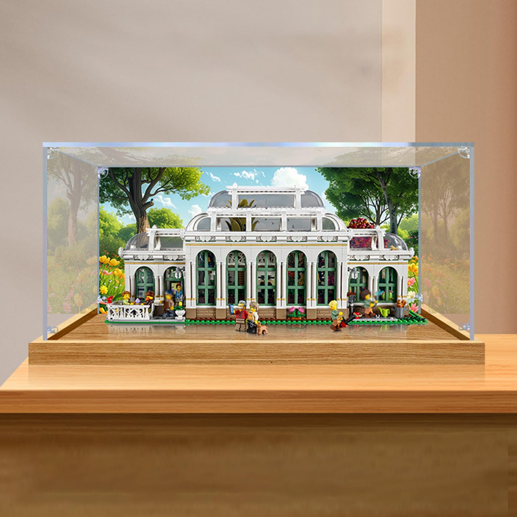 XNSHENGXAN Acrylic Display Case Compatible to Lego The Botanical Garden #21353(21.6*11.8*9.8in), Display Cases for Collectibles, Sturdy Protection for Your Collectible,Wooden+Background