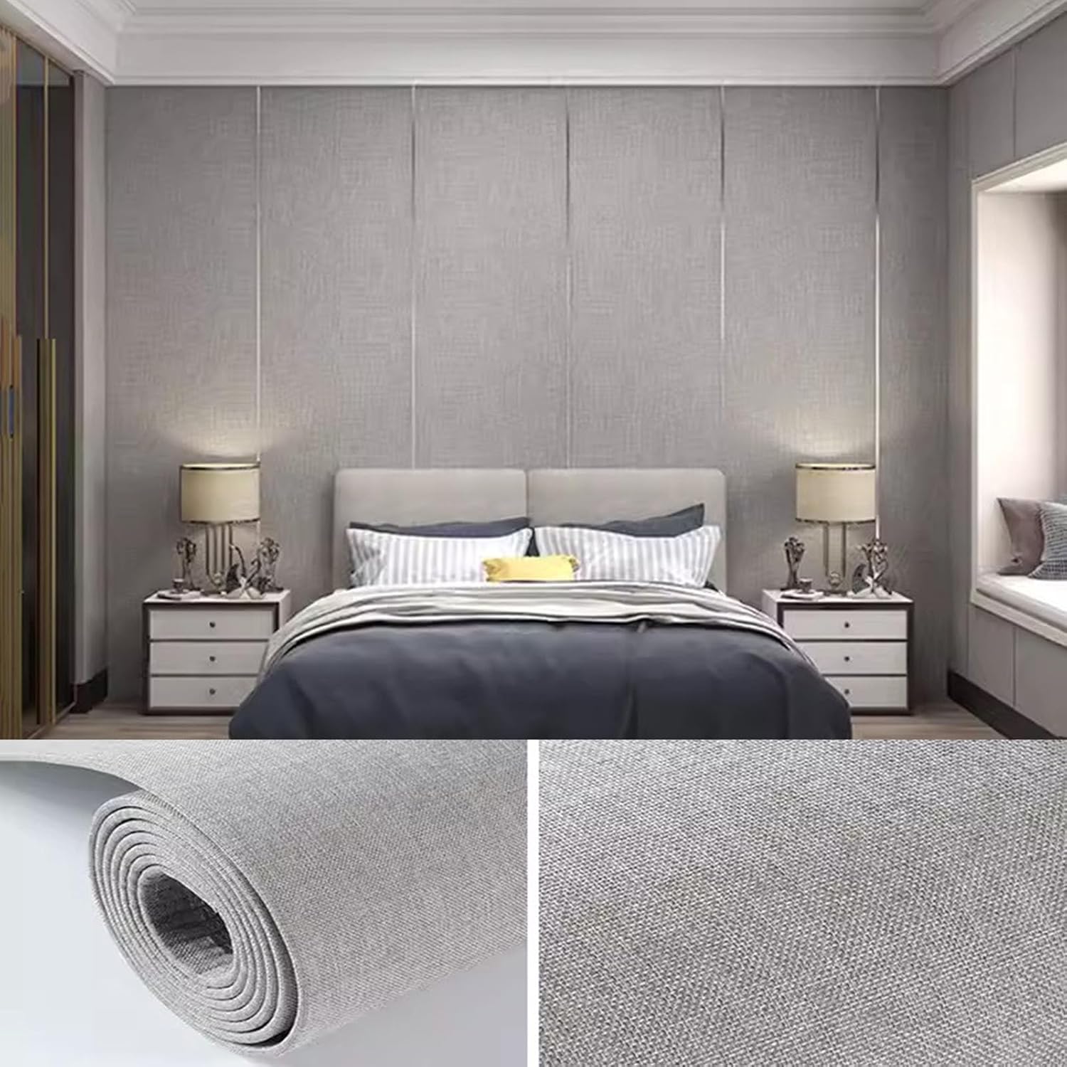 Wall Panels Self Adhesive Peel And Stick Linencloth Wallpaper Thermal Insulation Sound Insulation Home Decoration For Bedroom, Living Room, Kitchen, Tv Wall(Size:65x280cm/25x110in-1roll,Color:Grey1)