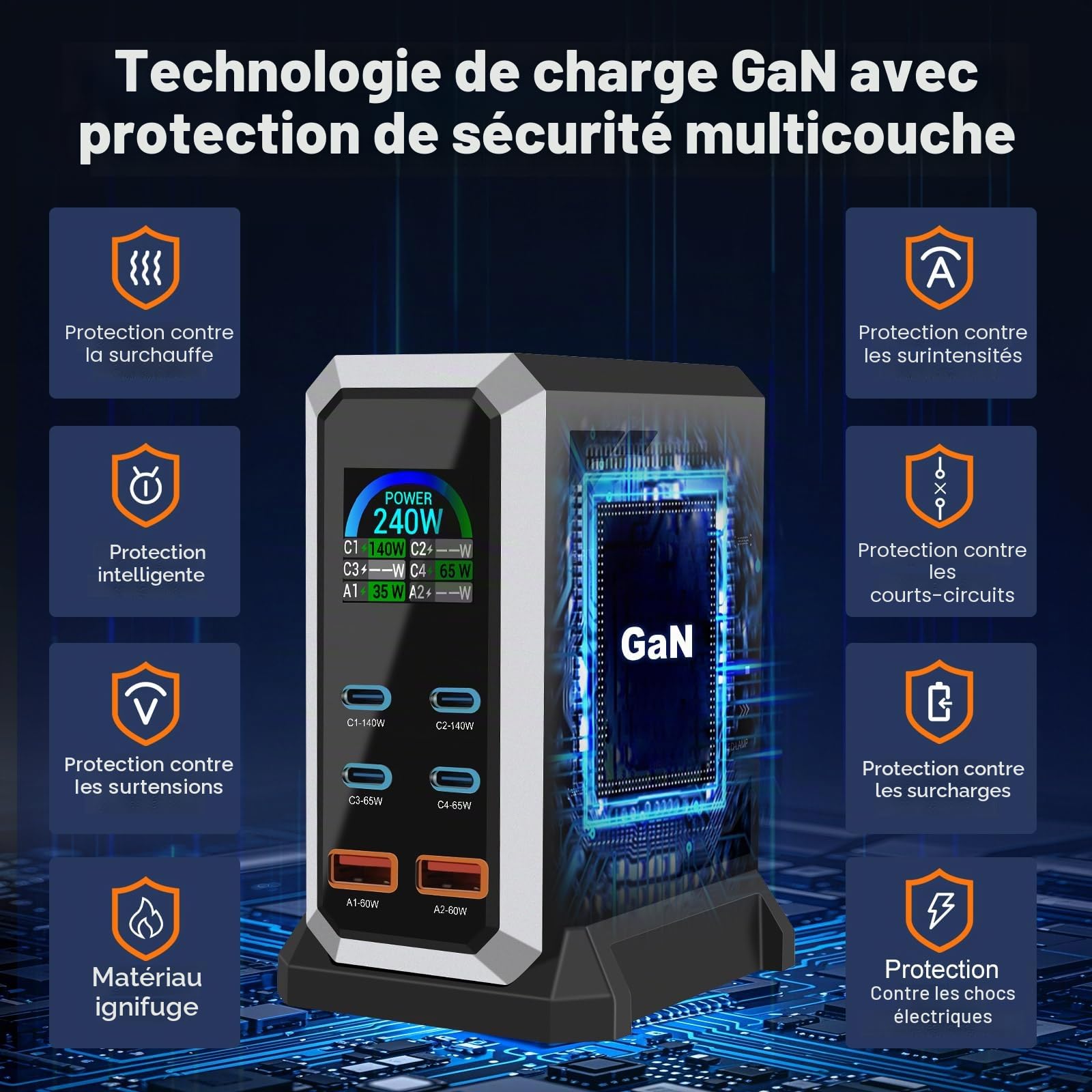 Chargeur USB C 240W Multiport, Station de Charge Rapide à 6 Ports avec 4 USB C + 2 USB A pour MacBook Pro/Air, iPad/iPhone 15 Pro/Samsung, etc