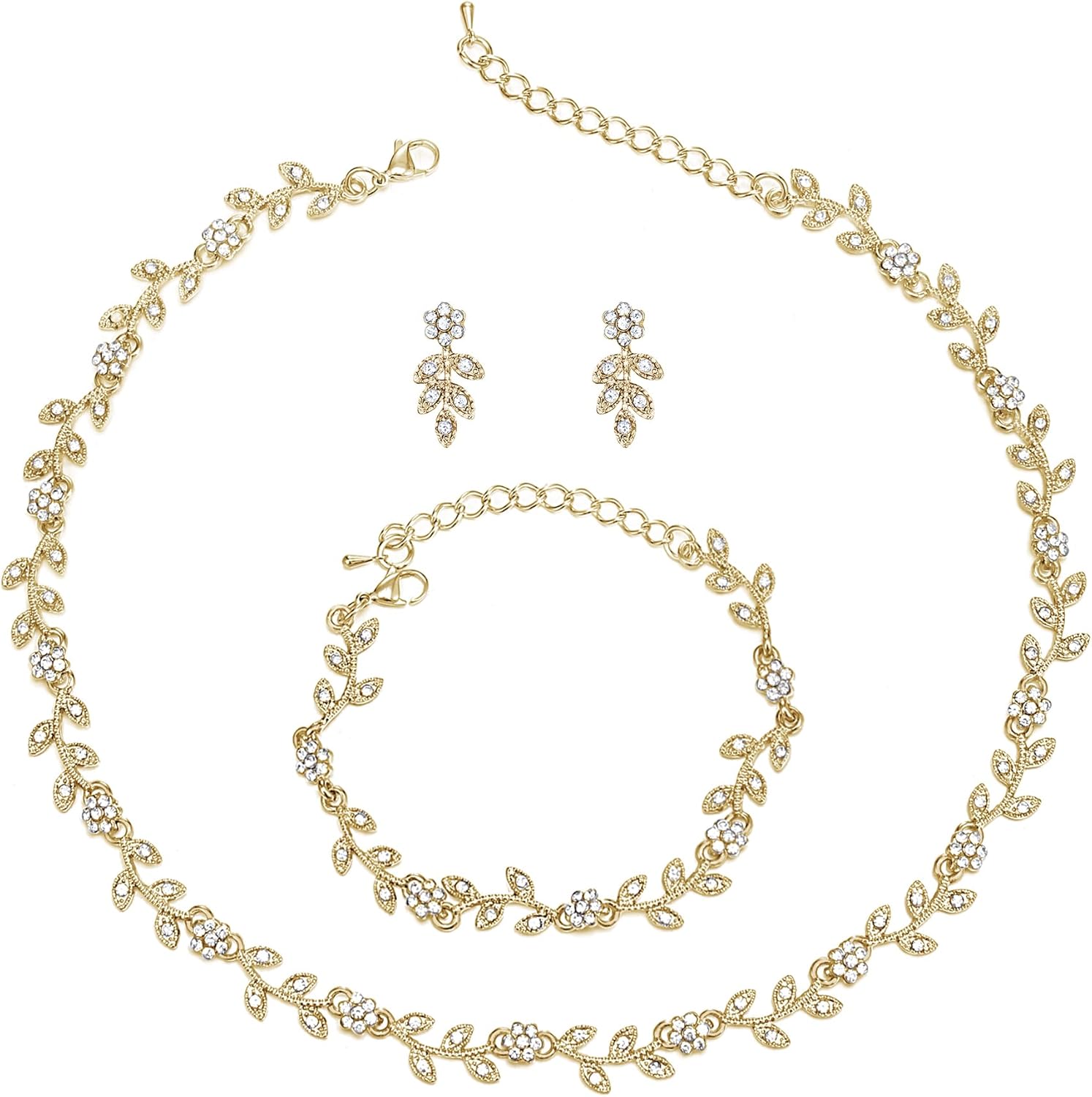 BriLove Wedding Jewelry Set for Women Bride, Gorgeous Stunning Crystal Flower Leaf Cluster Choker Necklace Link Bracelet Stud Earrings Bridal Bridesmaid