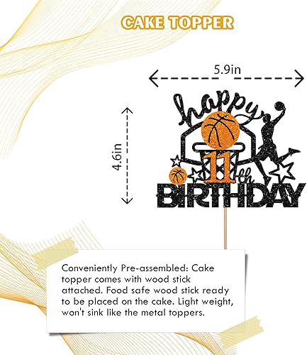 Miniatura 3 de Decoración de baloncesto para pastel de cumpleaños número 11, decoración de pastel de baloncesto con purpurina negra y naranja, decoración de pastel