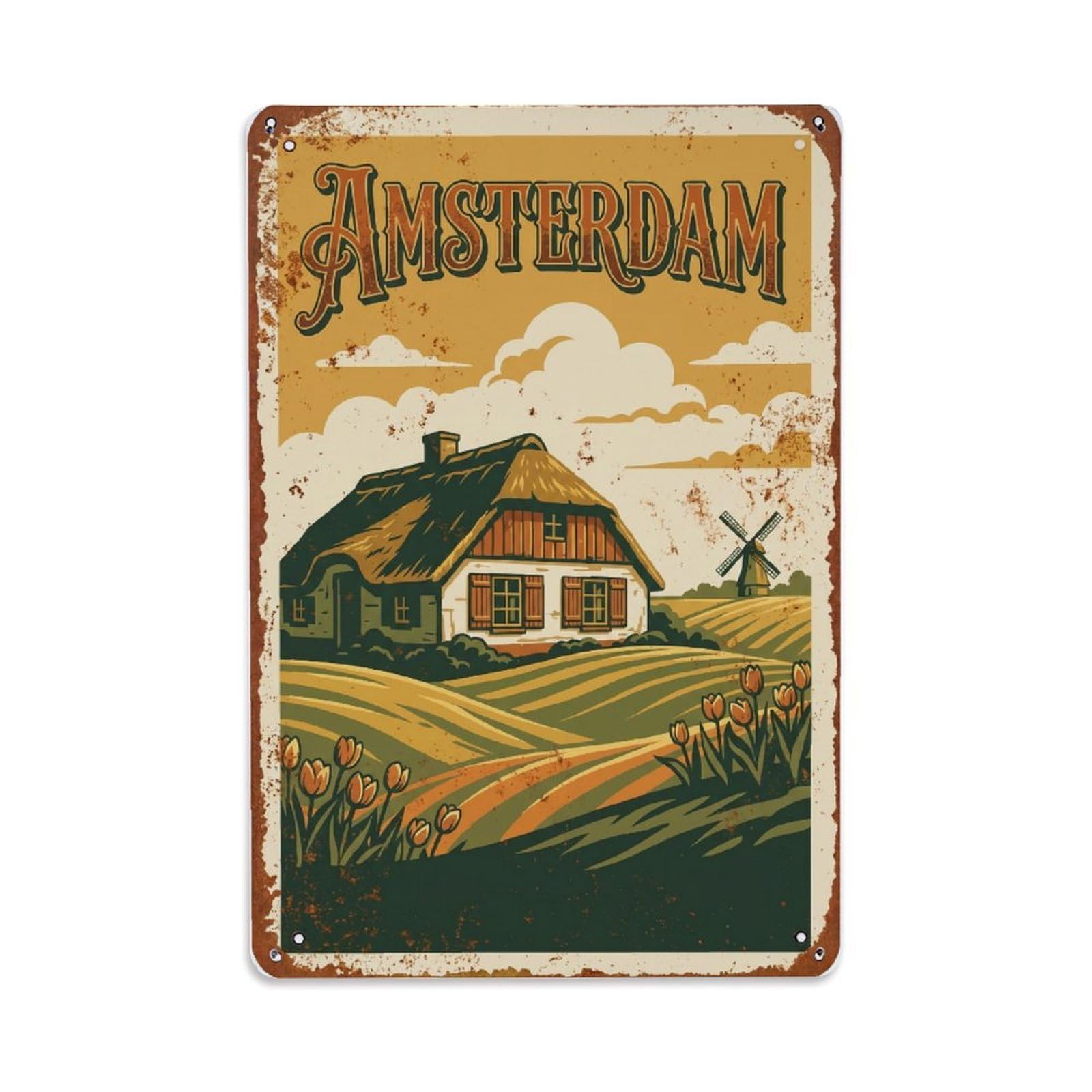 Vintage Travel Farmhouse Netherlands Rural Metal Tin Sign Plaque Wall Decor for Cafe, Club Bar, Office, Home Garden Metal Poster 8x12Inch