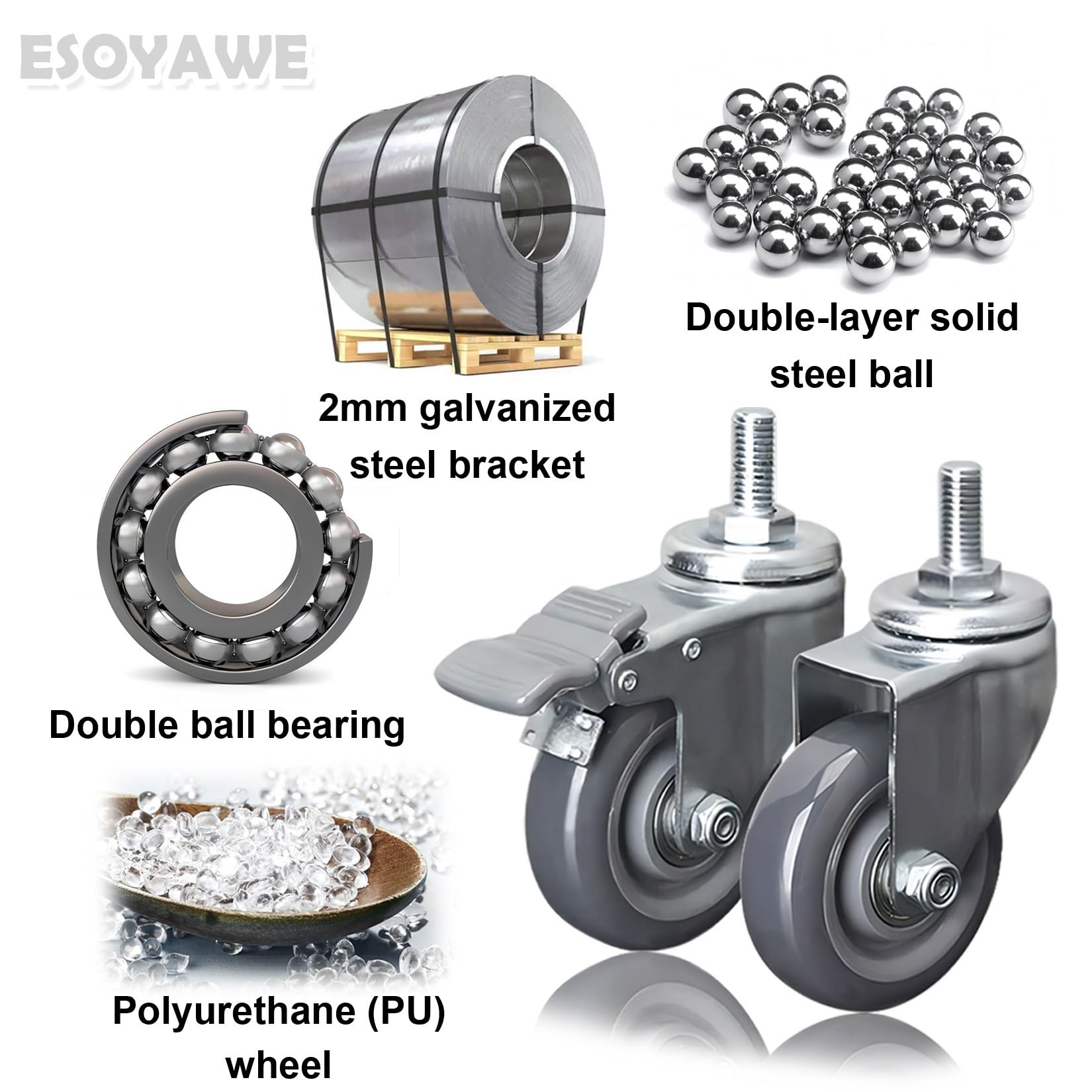Schwerlast Industrie Transport Lenkrolle 4 Stück M12 Gewinde Vorbau Rollen, 63mm 75mm 100mm Plattformwagen Rad Leise Polyurethan Ersatz Rollen Mit Bremse, Tragfähigkeit 80KG Pro Möbelrolle(Brake,63mm)