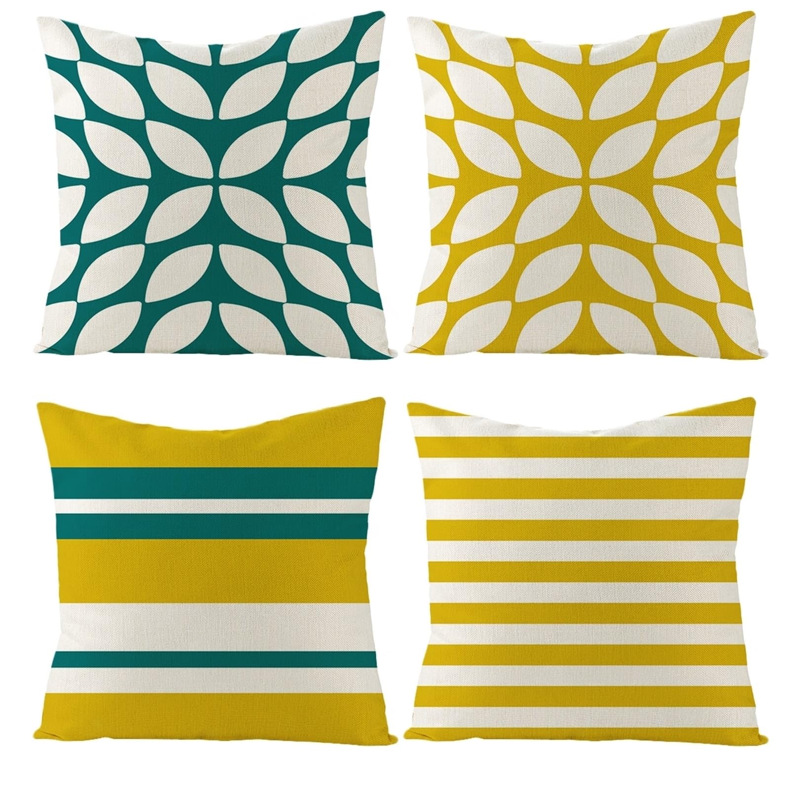 4 fundas de almohada de 50 x 50 cm, fundas de cojín lisas de lino a rayas azules y amarillas para sala de estar, sofá y dormitorio