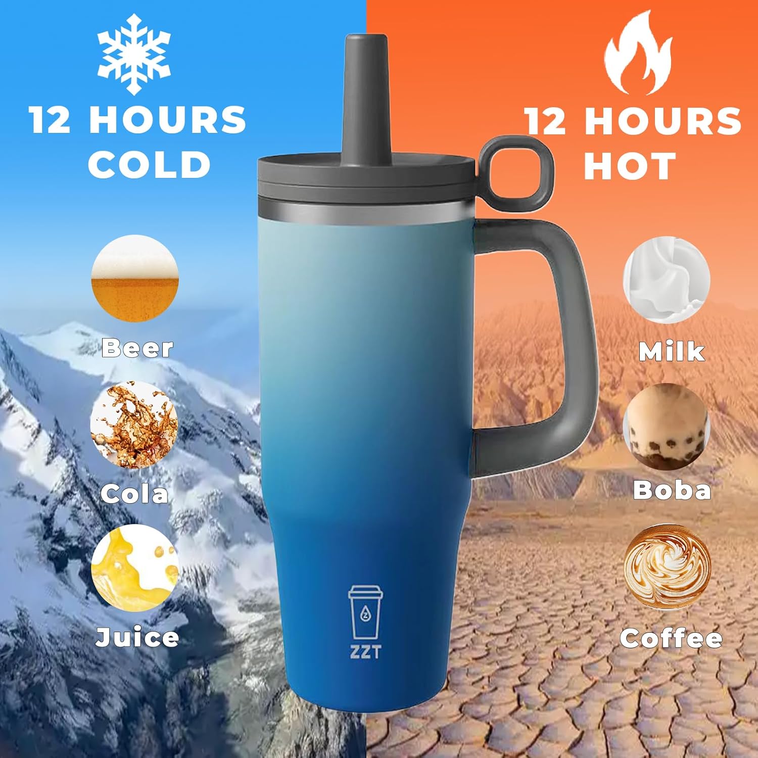 ZZT 40 oz Tumbler with Handle and Straw Lid,Leak Proof Metal Sports Water Bottle Jug,Stainless Steel Insulated Travel Coffee Mug-Fits in Cup Holder-Gifts for Women & Men (Blue White) - Image 4