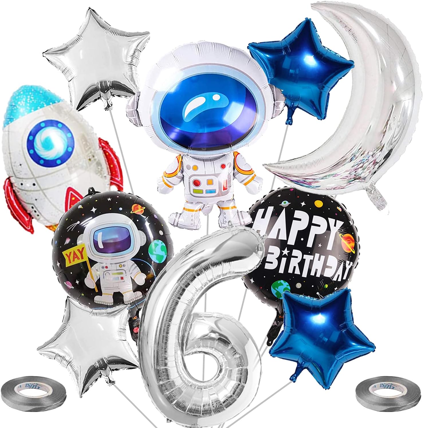 10 PCS Space Theme 0-9 Birthday Balloons Decoration, Big Foil Mylar Number 6 Astronaut Spaceman Rocket Moon Star Balloons for Boy Space Galaxy Theme Birthday Party Supplies
