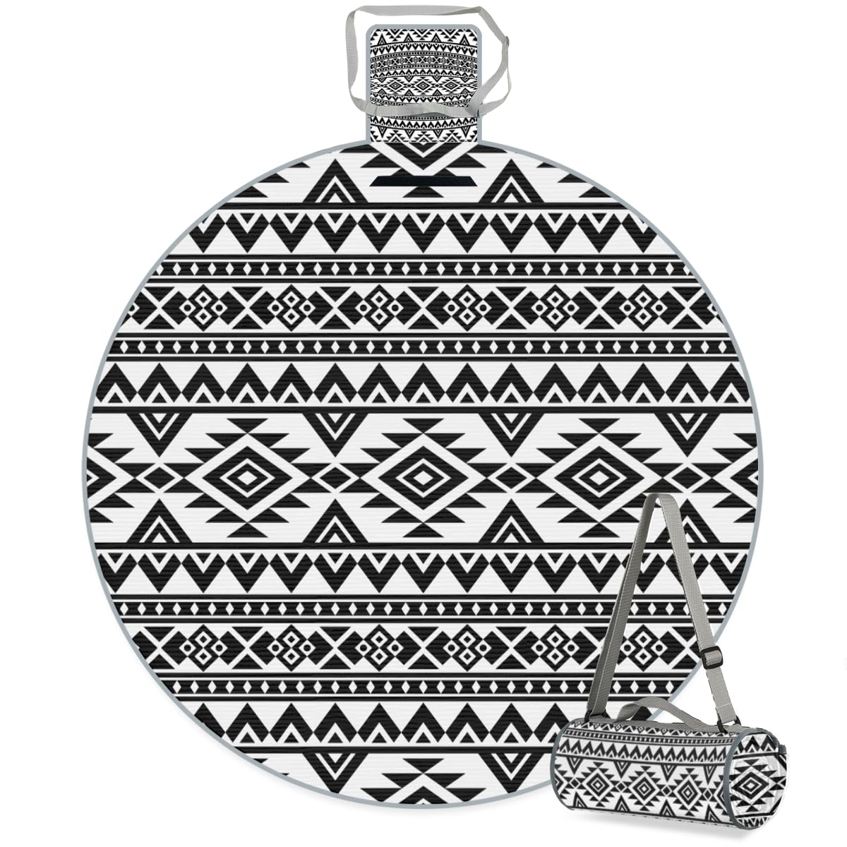 Shimoshe Tribe Ethnic Aztec Geometric Pattern Picnic Outdoor Blanket Foldable Waterproof Sandproof Beach Blanket Portable Water-Resistant Round Picnic Mat for Travel Camping Park Lawn