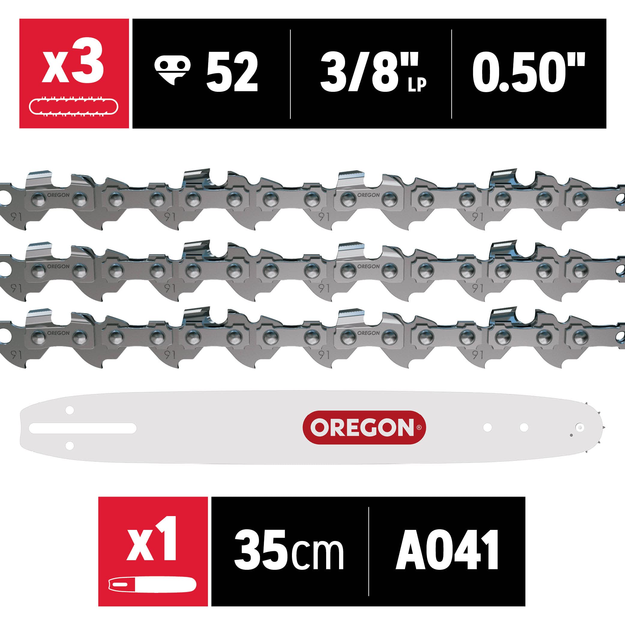 Oregon Confezione da 3 Catene e Barra per Motosega Telescopica, Catena 3/8" LP da 40 Maglie di Trasmissione, 1.3mm e Barra A041 da 25 cm, Compatibili con Black & Decker, Ryobi ed altre marche
