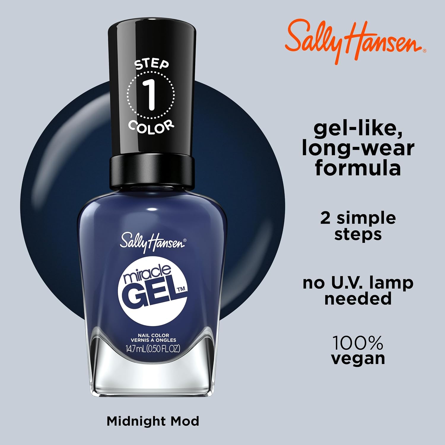 Sally Hansen Miracle Gel Salon Quality Nail Polish | Gel-Like Formula, Two-Step System, No UV Light Needed, Long Lasting | Opaque | 609 Midnight Mod | Navy Blue Nail Polish image 4