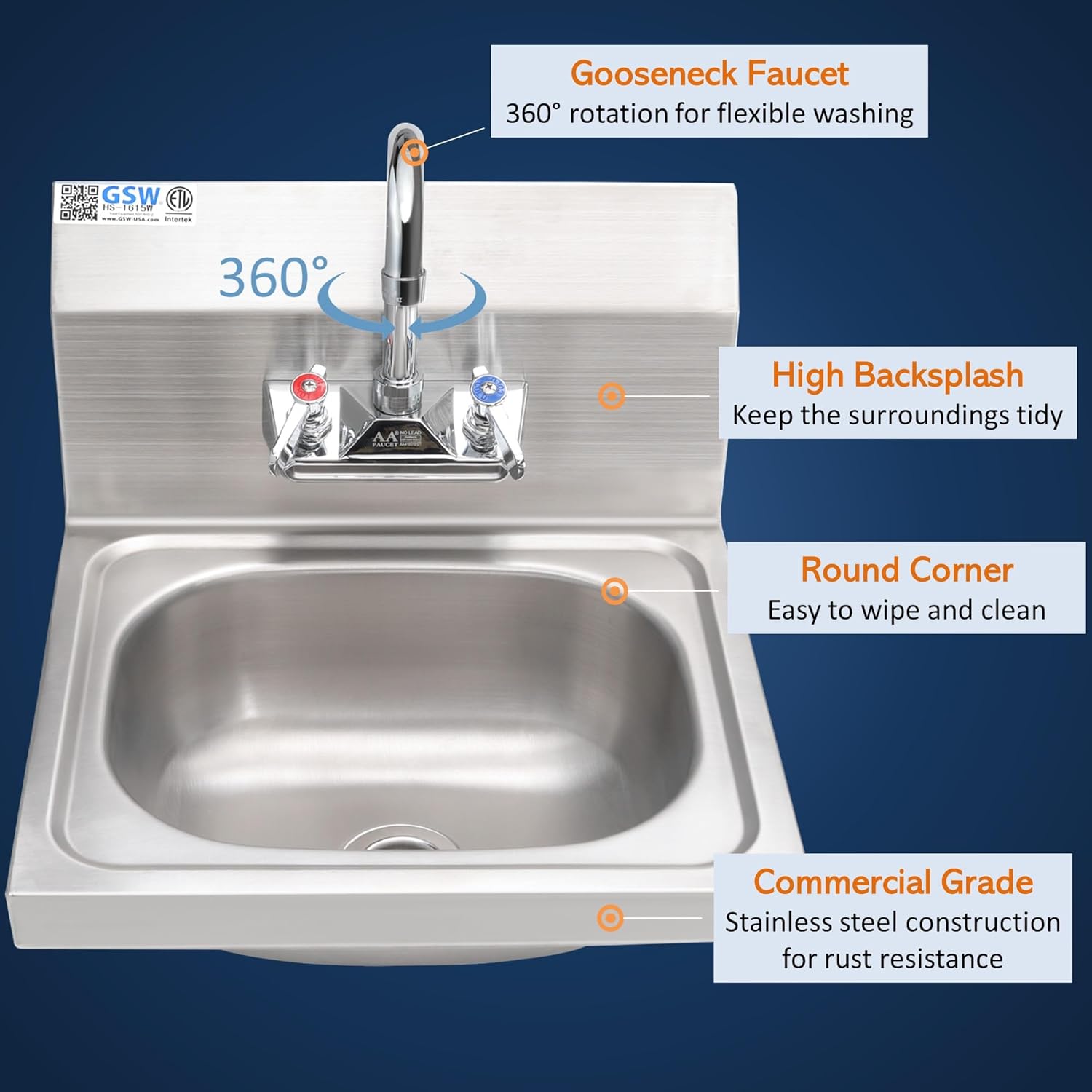 GSW HS-1615W Standard 16" x 15" Commercial Stainless Steel Wall Mount Hand Sink with 4" Gooseneck Faucet for Restaurants, Kitchens, Garages, Bars