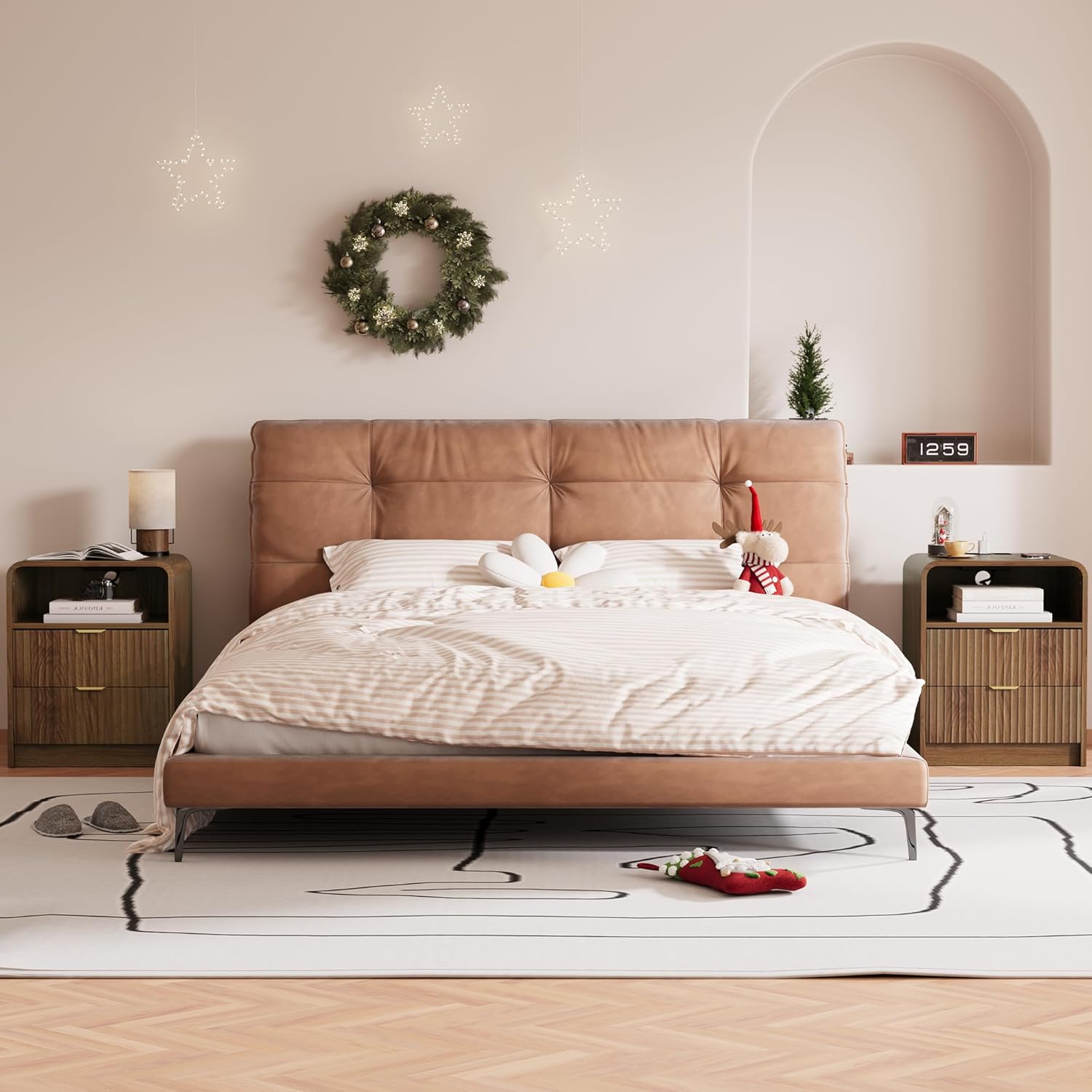 Nightstand Set of 2, Nightstands with Charging Station, Narrow Bedside Table with Drawers, Fluted Nightstand for Bedroom, Brown