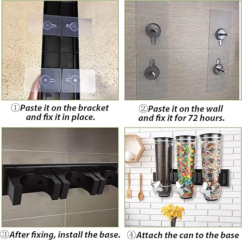 Miniatura 4 de Dispensador de cereales negro montado en la pared para despensa, dispensador de dulces montado en la pared con 3 tazas, dispensador triple de