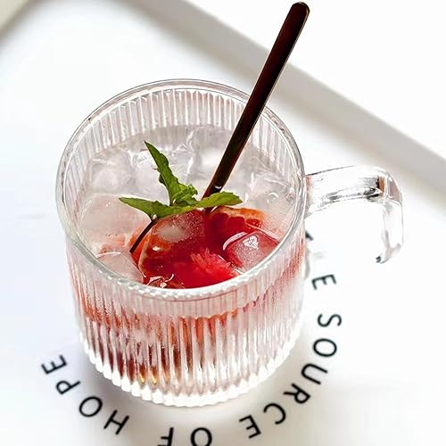 Miniatura 7 de Mfacoy Paquete de 4 tazas de café de vidrio con asa y cuchara, tazas de café de vidrio de 12 onzas con tapa de bambú, tazas de vidrio acanaladas,