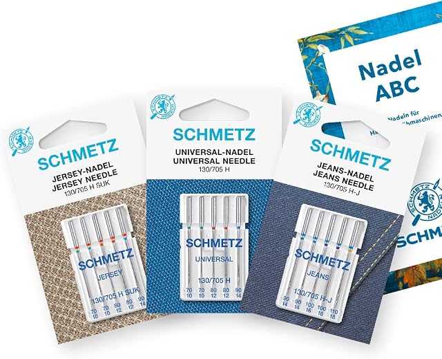 SCHMETZ Zestaw startowy igieł do maszyny do szycia, 5 uniwersalnych igieł, 5 igieł dżersejowych, 5 igieł do dżinsów, najpopularniejsza grubość igły, do stosowania na wszystkich powszechnie stosowanych do