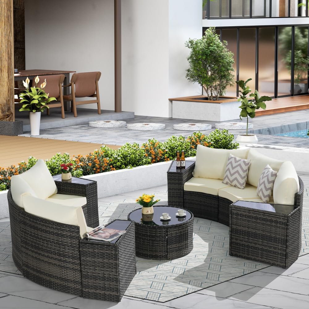 Outdoor Patio Furniture 11-Piece Half-Moon Sectional Round Patio Furniture Set Sofa with Tempered Glass Round Coffee Table