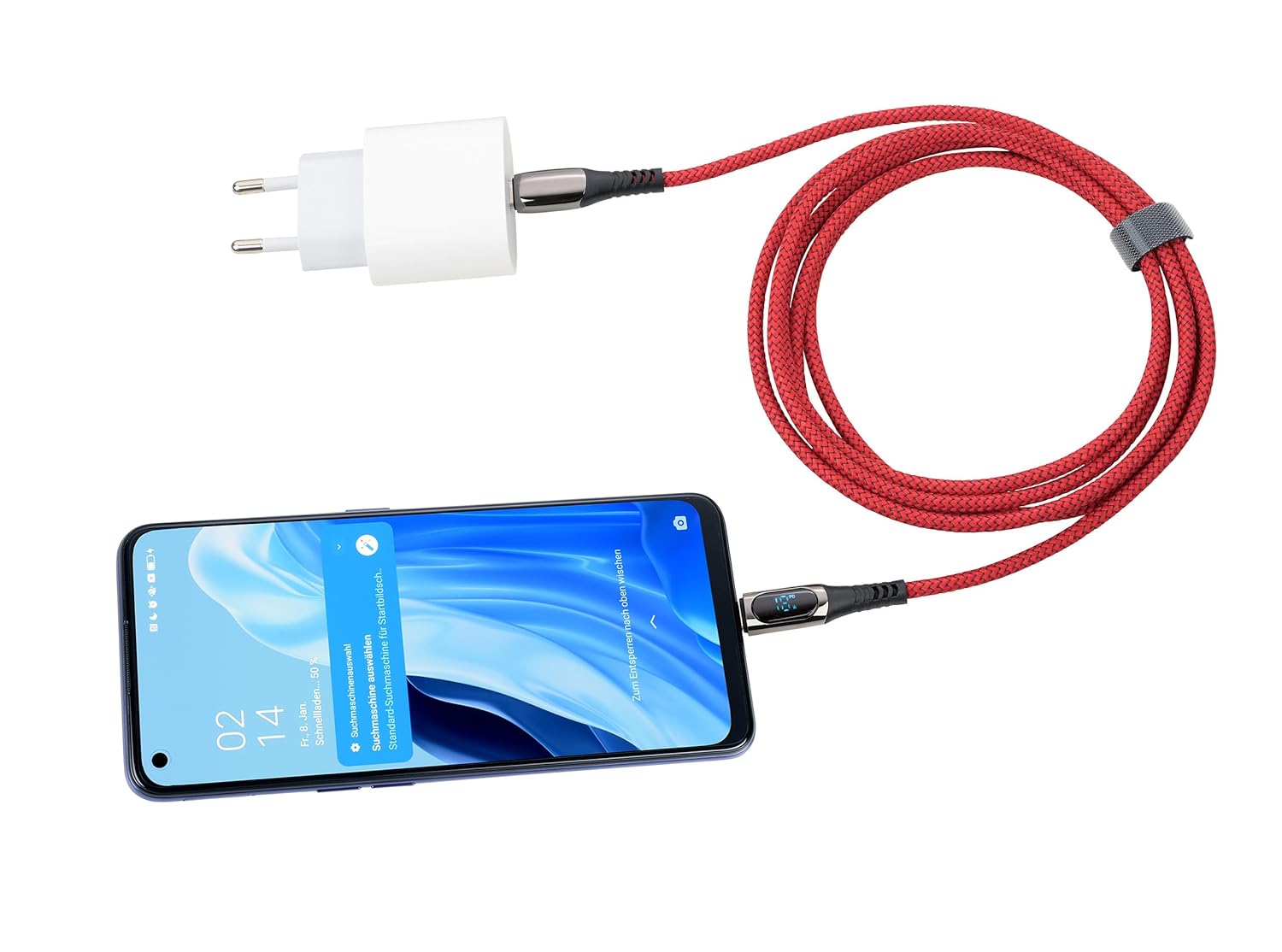 TROIKA Charging Cable High-Speed USB-C 100W PD Power Delivery to USB-C - SPEEDY XL - with Data Transfer Function - with Digital Display of Charging Power - Metal, Polyester - Gunmetal, Red