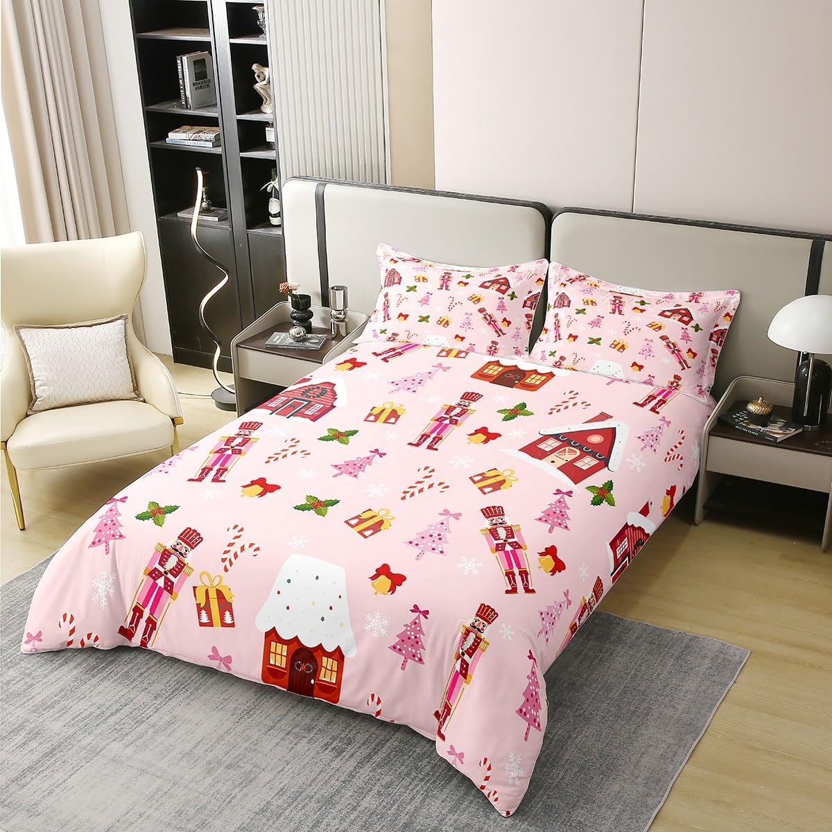 Erosebridal Christmas Pink 100% Organic Cotton Queen Duvet Cover, Cartoon Nutcracker Comforter Cover, Red Candy Cane Bedspread Cover,Reversible Xmas Theme Cute Snow Flake Quilt Cover for Women Girls