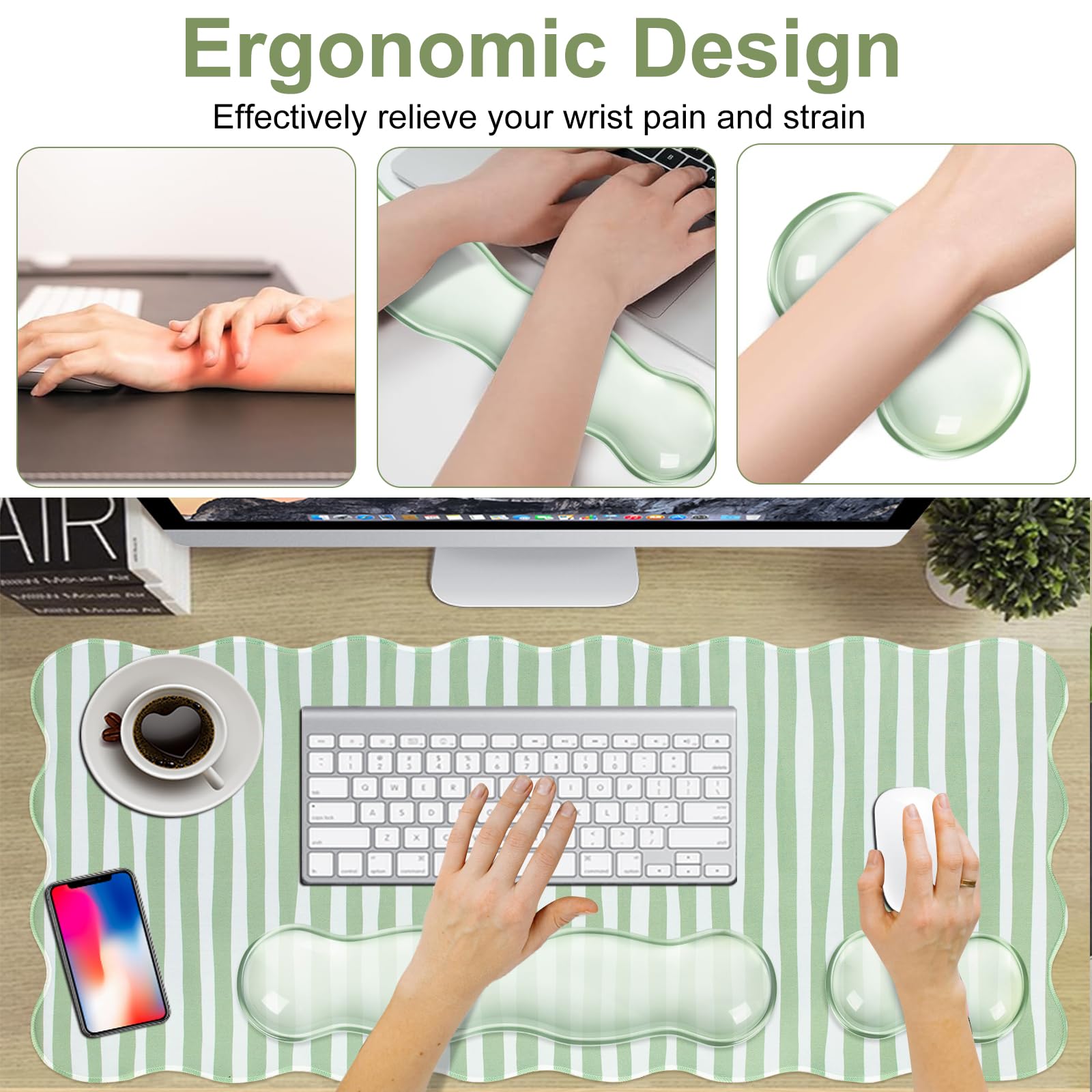 L-SPOUTTO Zestaw podkładek pod mysz w zielone paski, śliczny zestaw mat na | Podkładka na biurko + ergonomiczna podkładka pod nadgarstek pod mysz żelowa podkładka pod nadgarstek do klawiatury 65%/75%