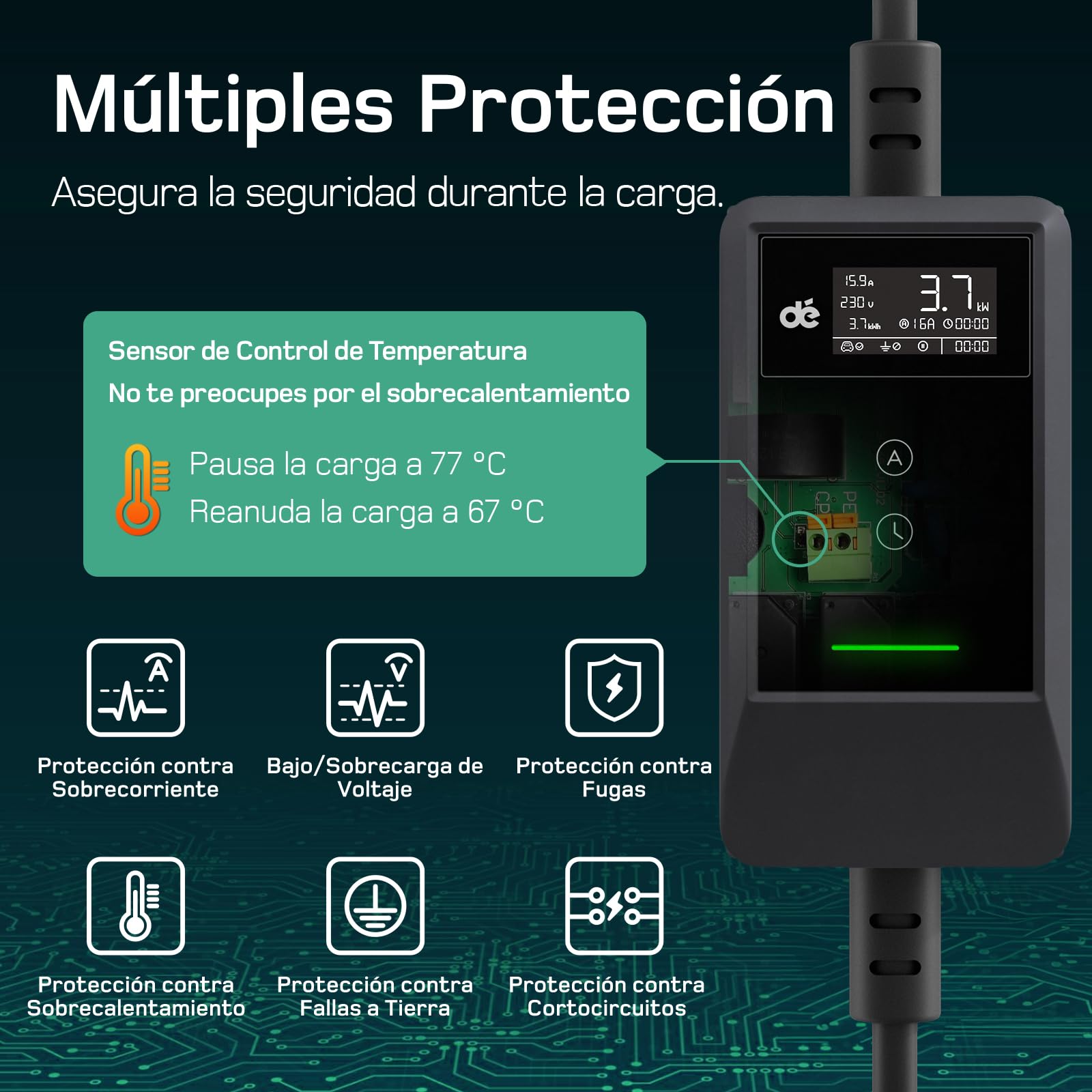 dé Cargador Coche Electrico 3,7kW App [7m, Monofásico, 6-16A] EV Charger con Potencia de Carga Ajustable, Cargador Carro Electrico para Model Y/3, e-Tron y vehículos BEV/PHEV