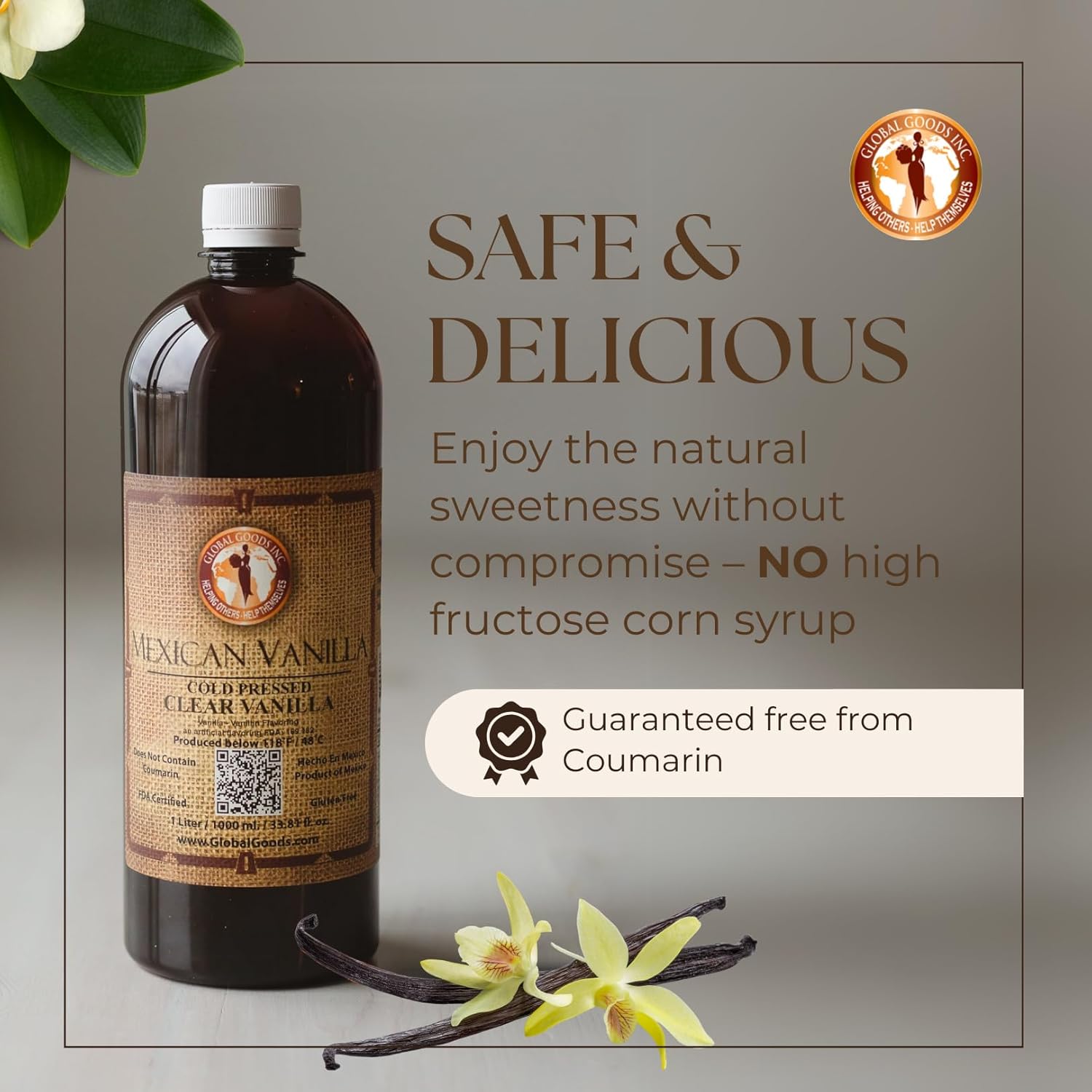 Pure Clear Mexican Vanilla Extract (33.81 fl oz)– Gluten-Free, Coumarin-Free Vanilla for Baking, Cakes, Cookies, Coffee & Desserts – Cold Pressed, Natural Vanilla