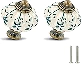 Ivory & Green Pumpkin Knobs 12 Pack Ceramic Cabinet Knobs Vintage Drawer Pulls - Antique Dresser Pulls with Screws - Green Flower