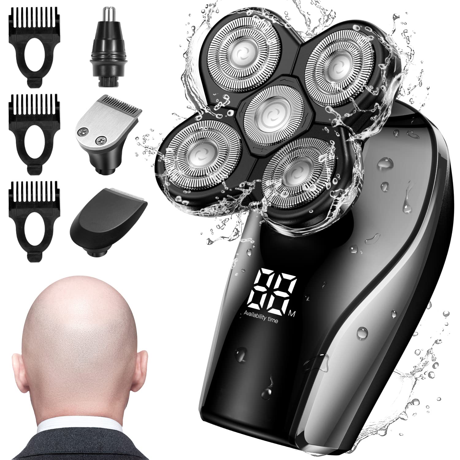 ERADREAM Head Shaver, Electric Razor for Men, Bald Head Razor Grooming Kit with LED Display, Wet/Dry USB Rechargeable Rotary Shavers, 4-in-1 Waterproof Cordless Electric Shavers for Men, Sliver
