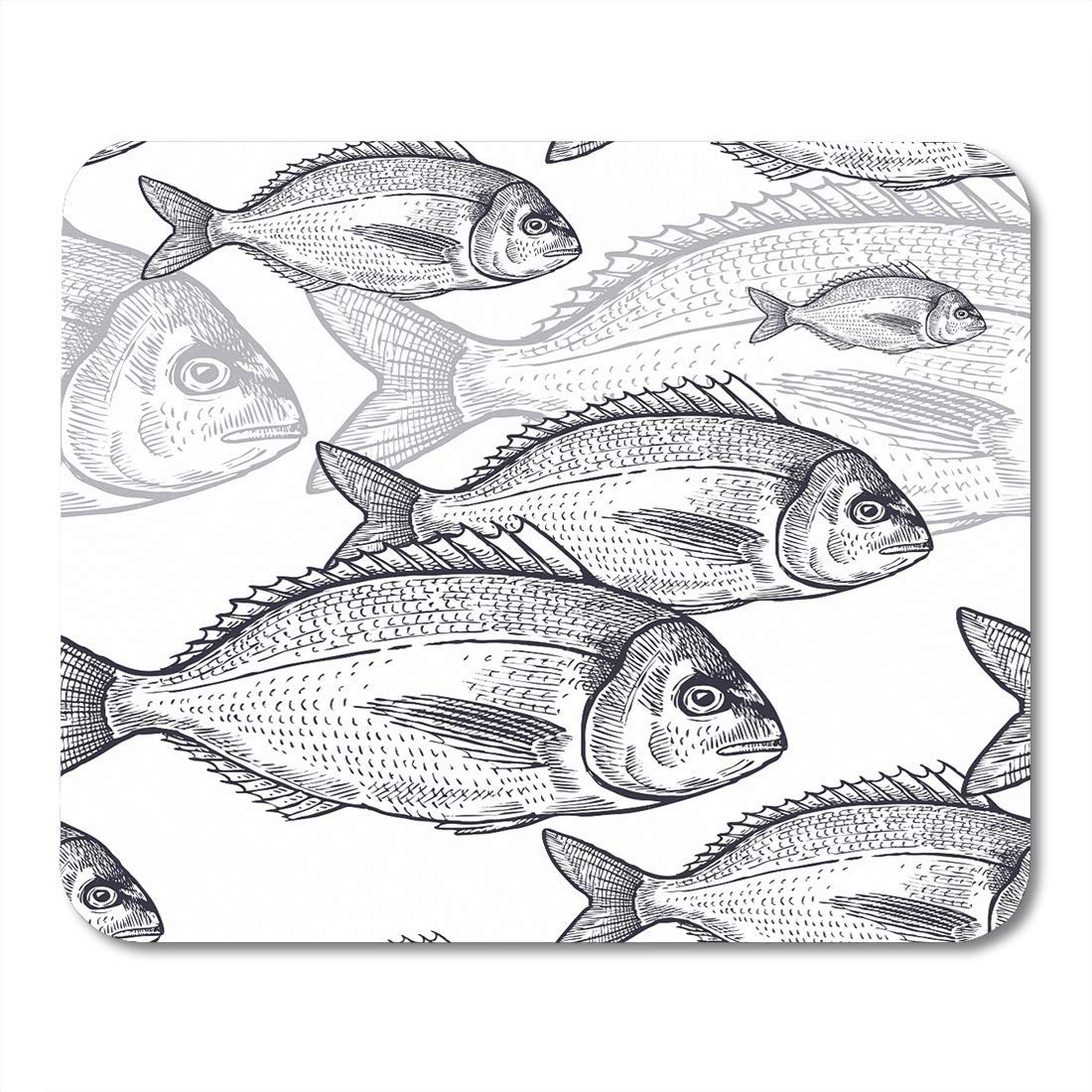 Yanteng Mouse Pads Mouse Pads Pattern Animals Under Water Black Fish on Vintage Engraving Sketch Seafood Sea Mouse pad for Notebooks